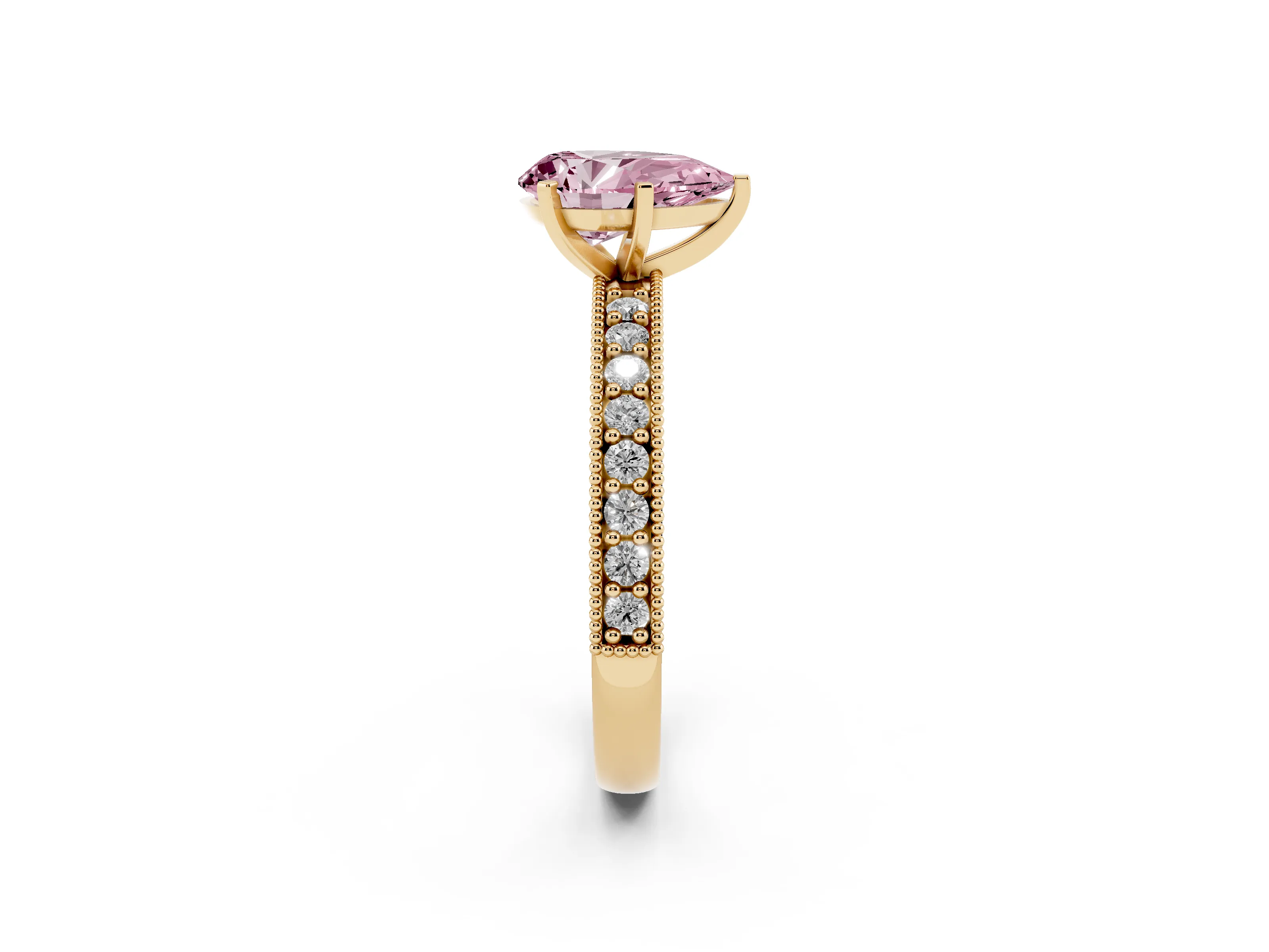 Fancy Pink Pear Cut Diamond Milgrain Pavé Engagement Ring Set in Yellow gold with Prong Setting