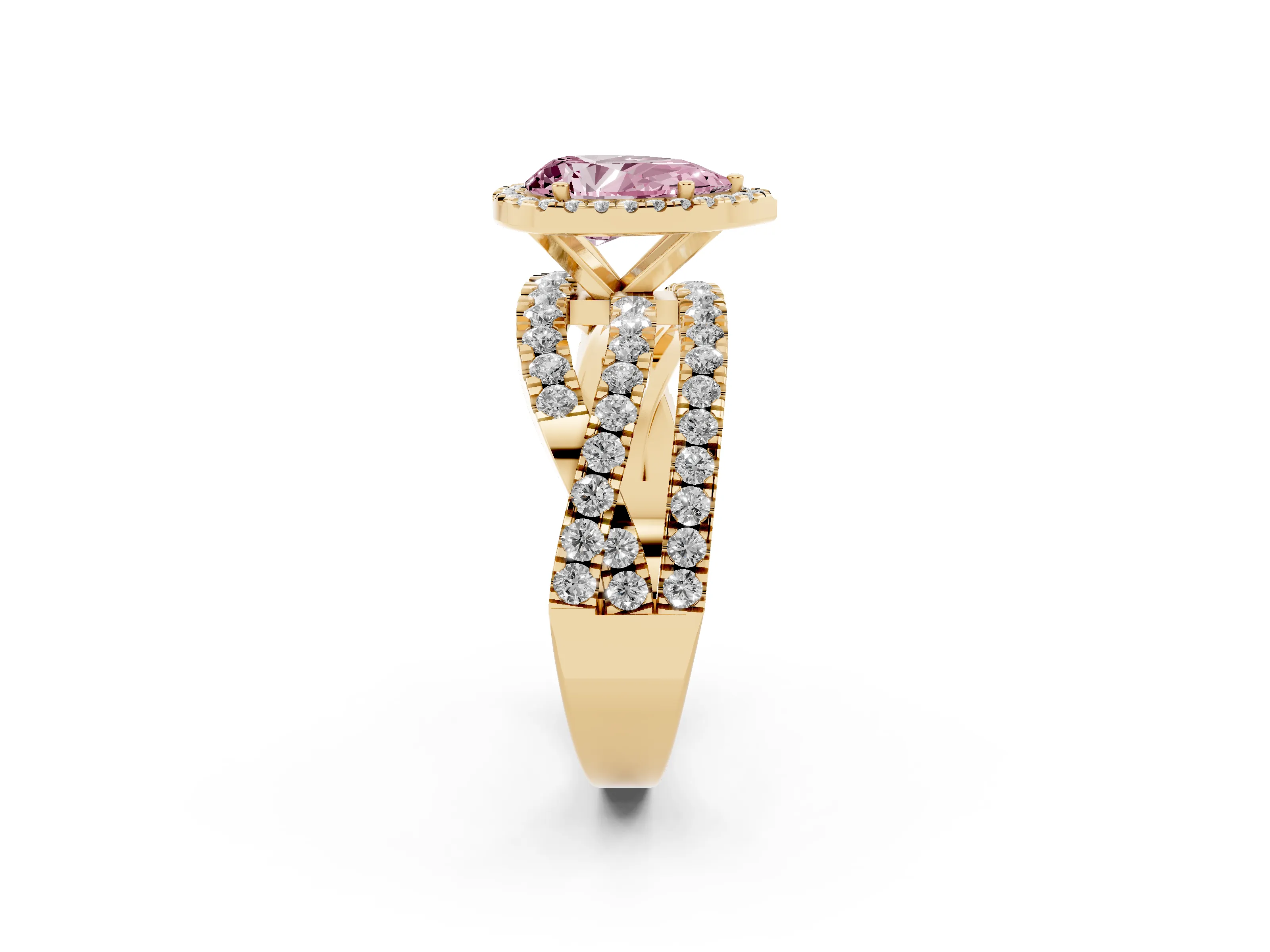 Fancy Pink Pear Cut Diamond Halo Ring Set in Yellow gold with Round Crossover Split Shank and Prong Setting