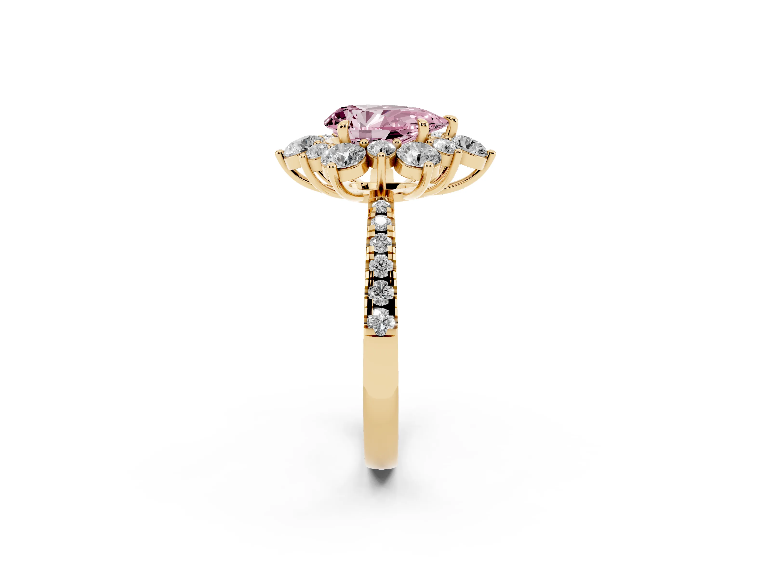 Fancy Pink Pear Cut Diamond Floral Halo Ring Set in Yellow gold with Round Pavé Band and Prong Setting