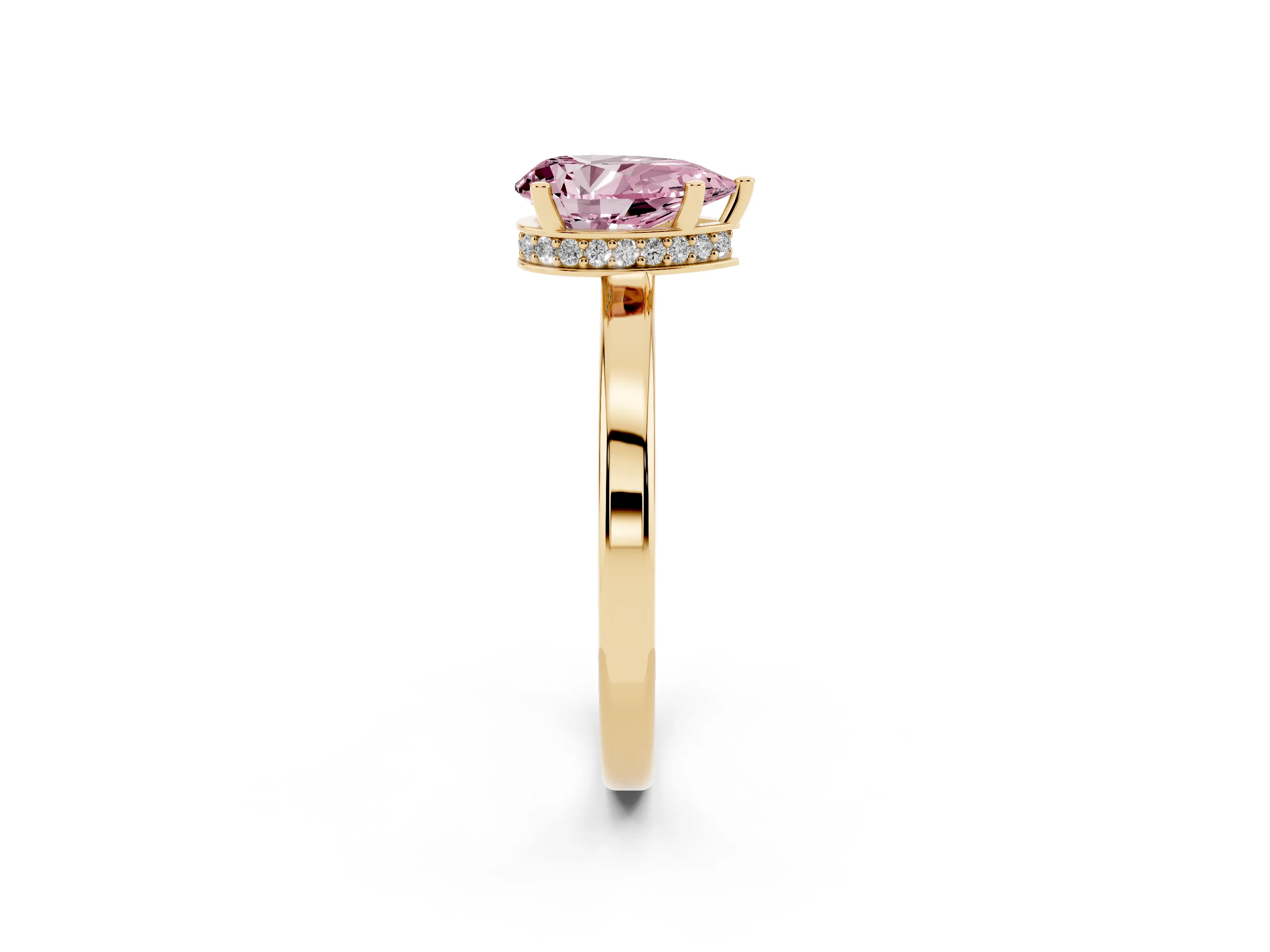 Fancy Pink Pear Cut Diamond Solitaire Engagement Ring Set in Yellow gold with Prong Setting on a Plain Band