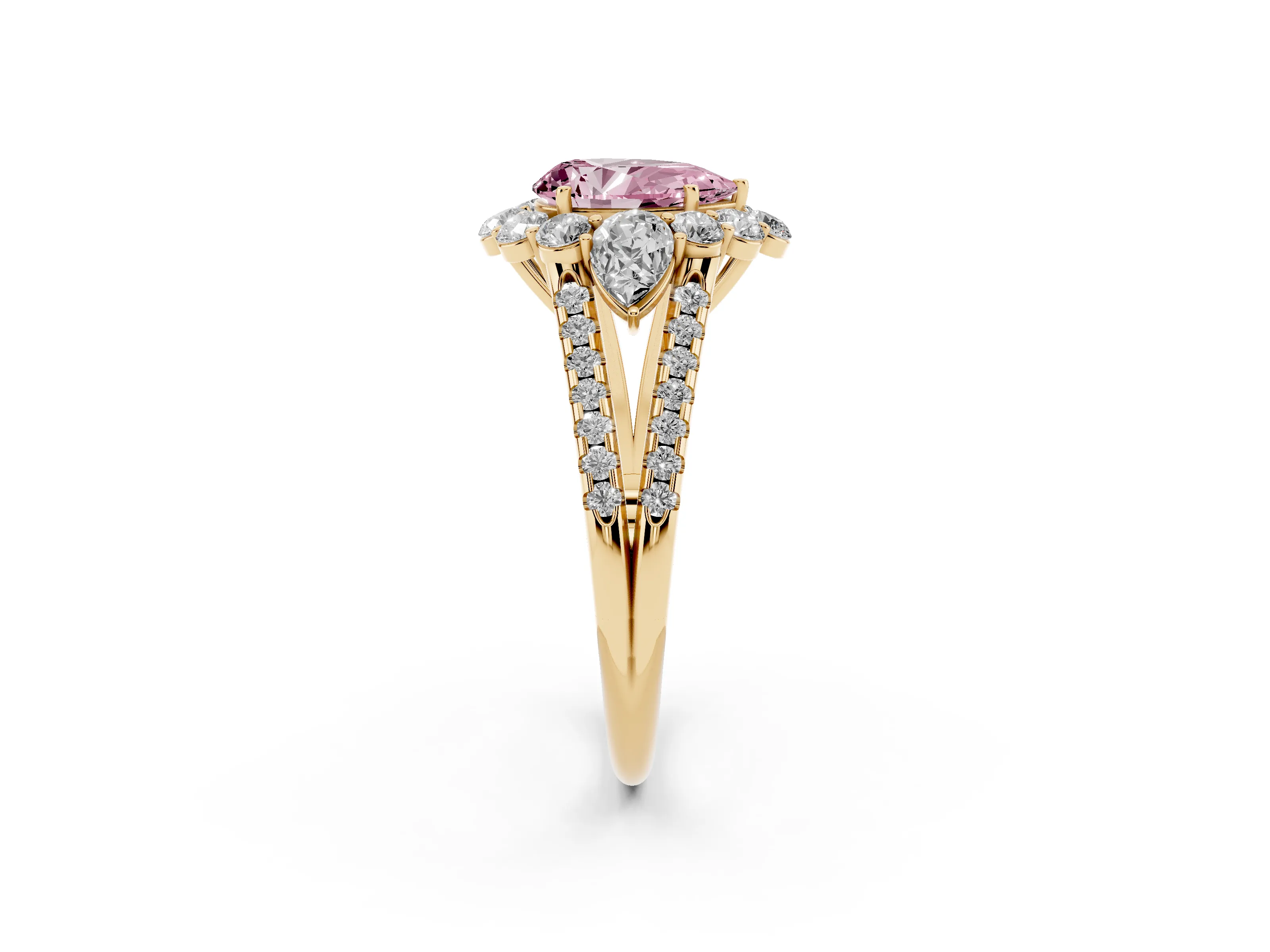 Fancy Pink Pear Cut Diamond Halo Split Shank Engagement Ring Set in Yellow gold with Prong-Held Center Stone