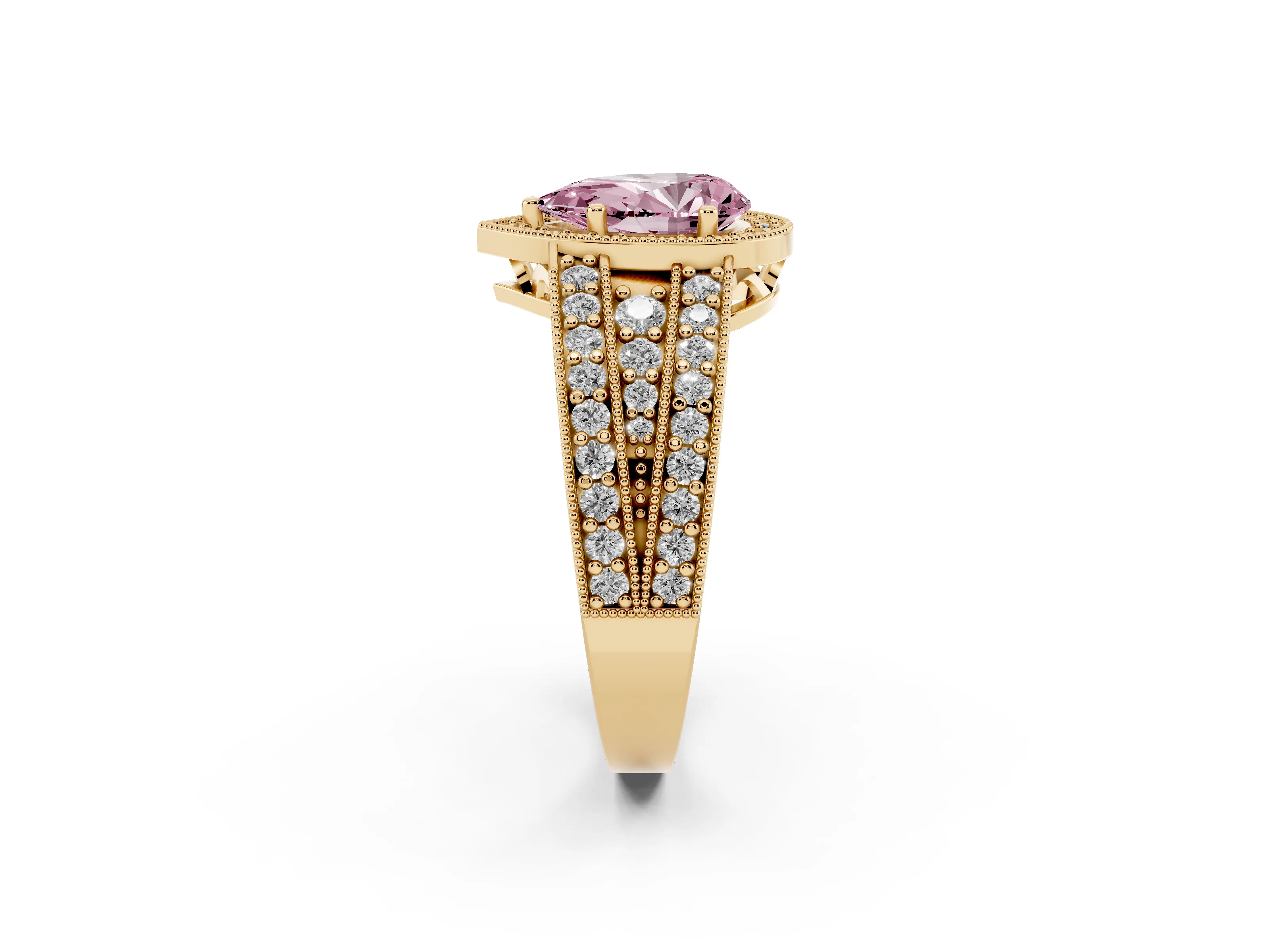 Fancy Pink Pear Cut Diamond Halo Ring Set in Yellow gold with Accent Split Shank and Prong Setting