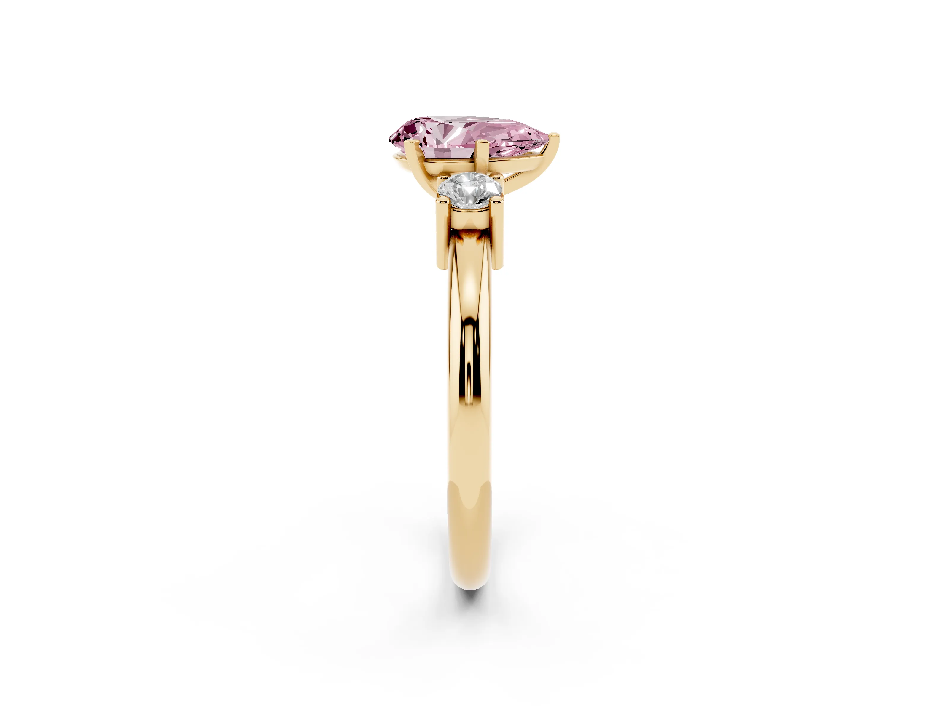 Fancy Pink Three-Stone Pear Cut Diamond Ring Set in Yellow gold with Prong Setting and Plain Band