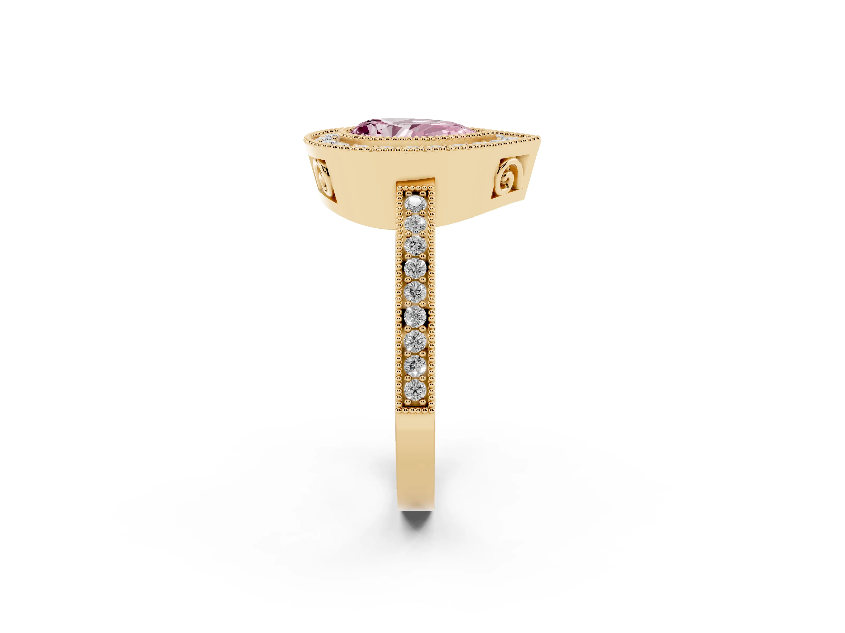 Fancy Pink Pear Cut Diamond Round Halo Ring Set in Yellow gold with Pavé Band