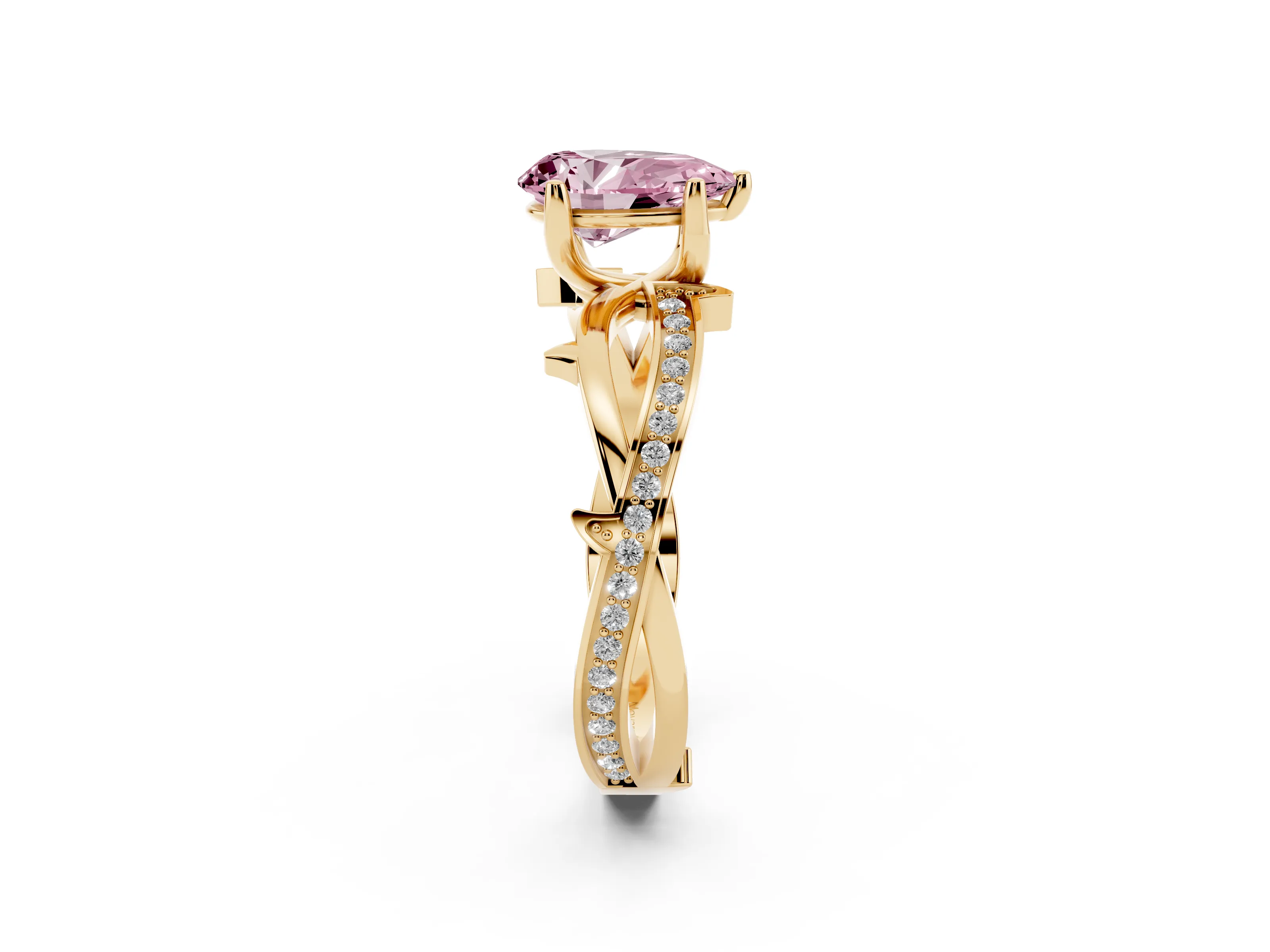 Fancy Pink Pear Cut Diamond Pavé Twist Band Solitaire Ring Set in Yellow gold with Prong Setting