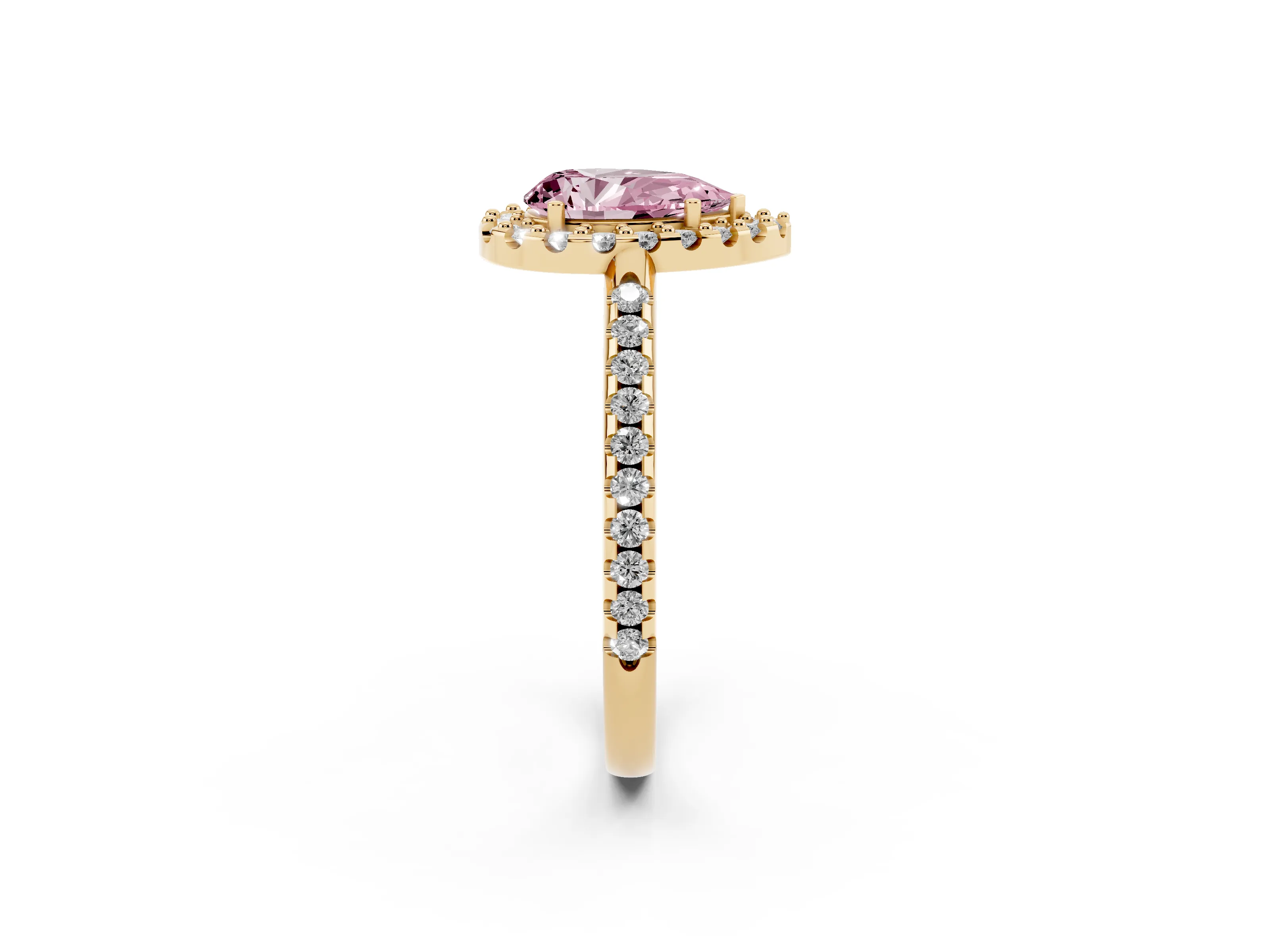 Fancy Pink Pear Cut Diamond Pavé Halo Ring Set in Yellow gold with Prong Setting