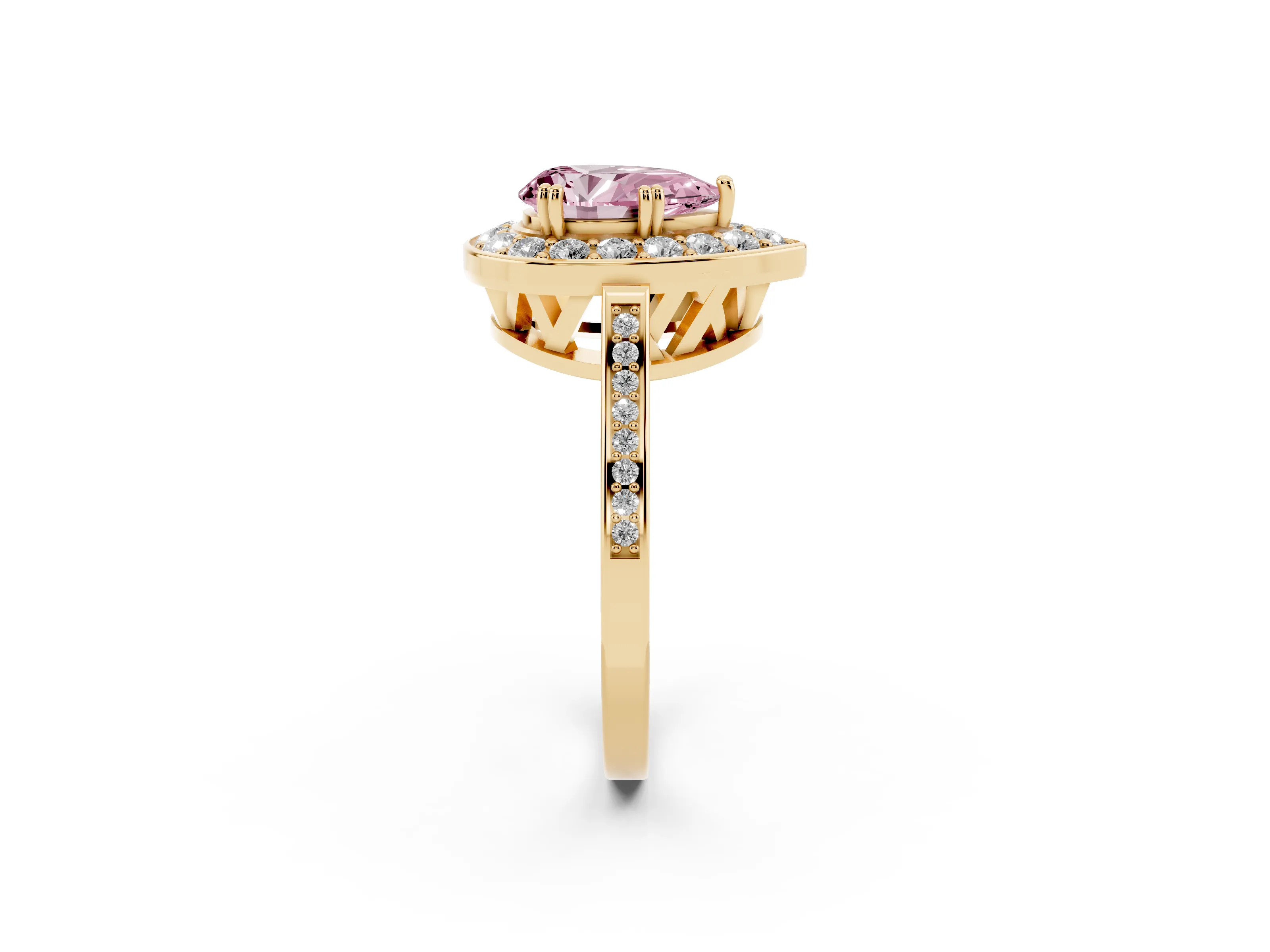Fancy Pink Pear Cut Diamond Halo Ring Set in Yellow gold with Accent-Lined Split Shank and Prong Setting