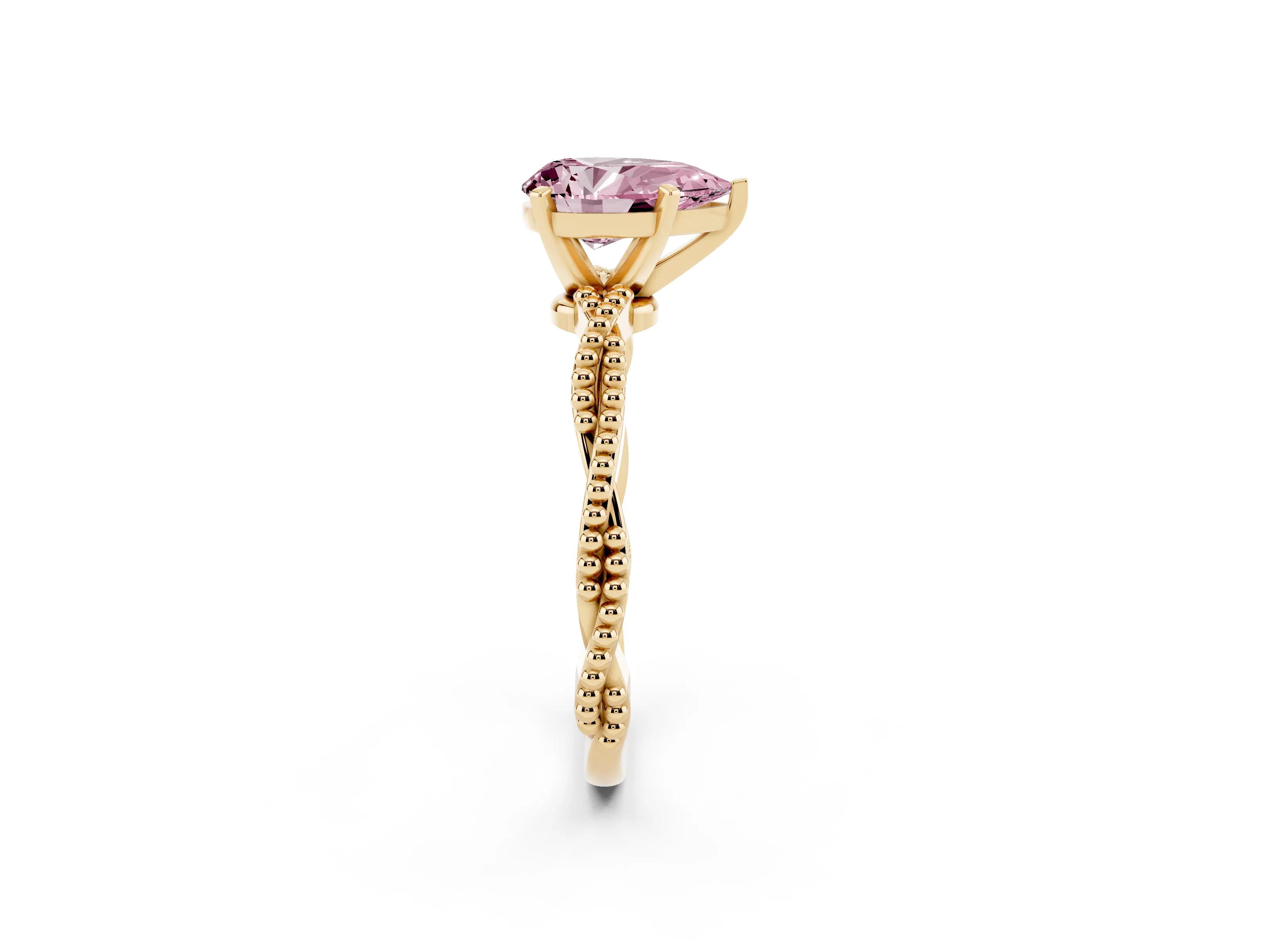 Fancy Pink Pear Cut Diamond Solitaire Ring Set in Yellow gold with Twisted Band and Bead Prong Setting