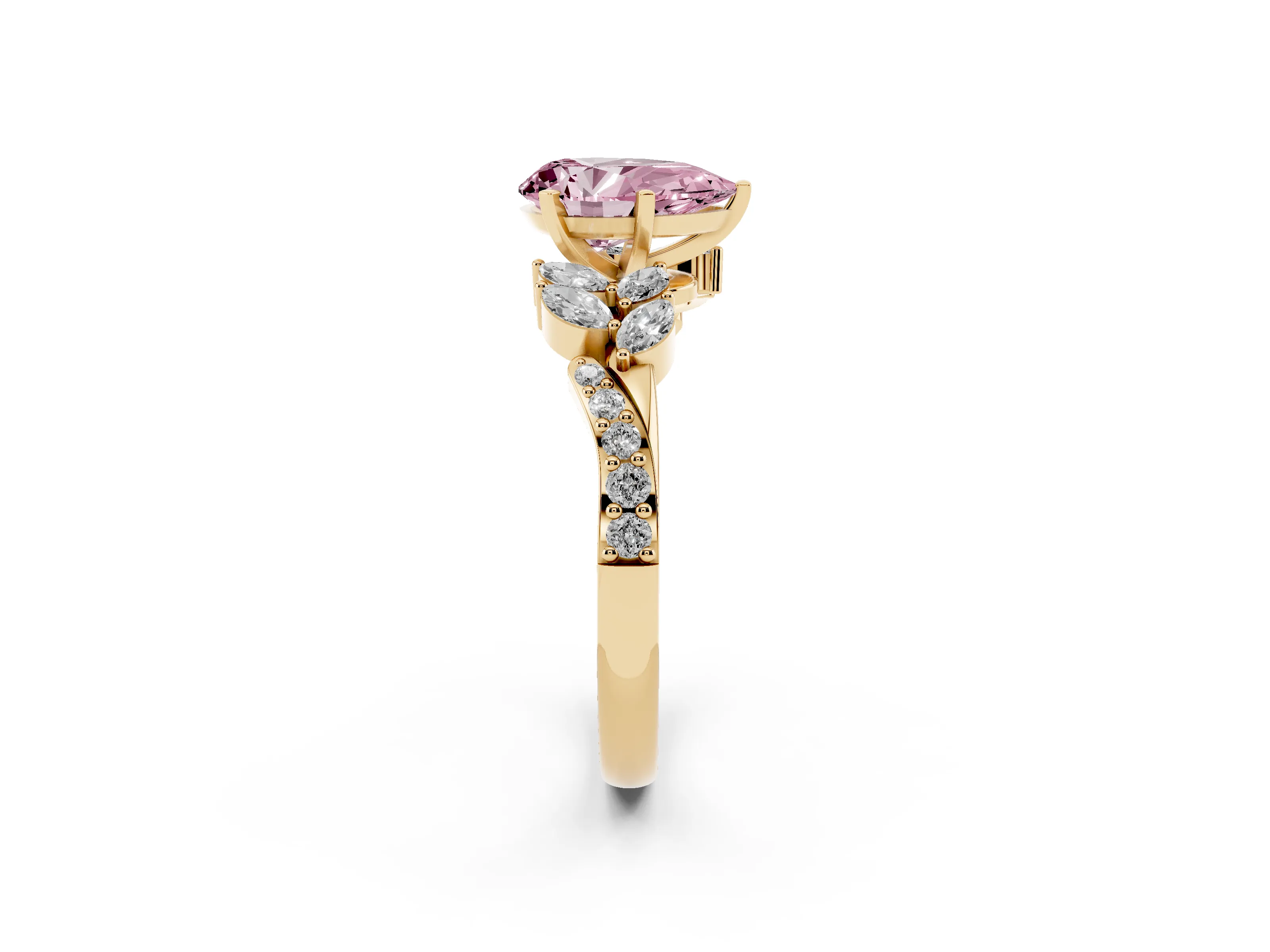 Fancy Pink Pear Cut Diamond Solitaire Ring Set in Yellow gold with Marquise Twist Band and Prong Setting