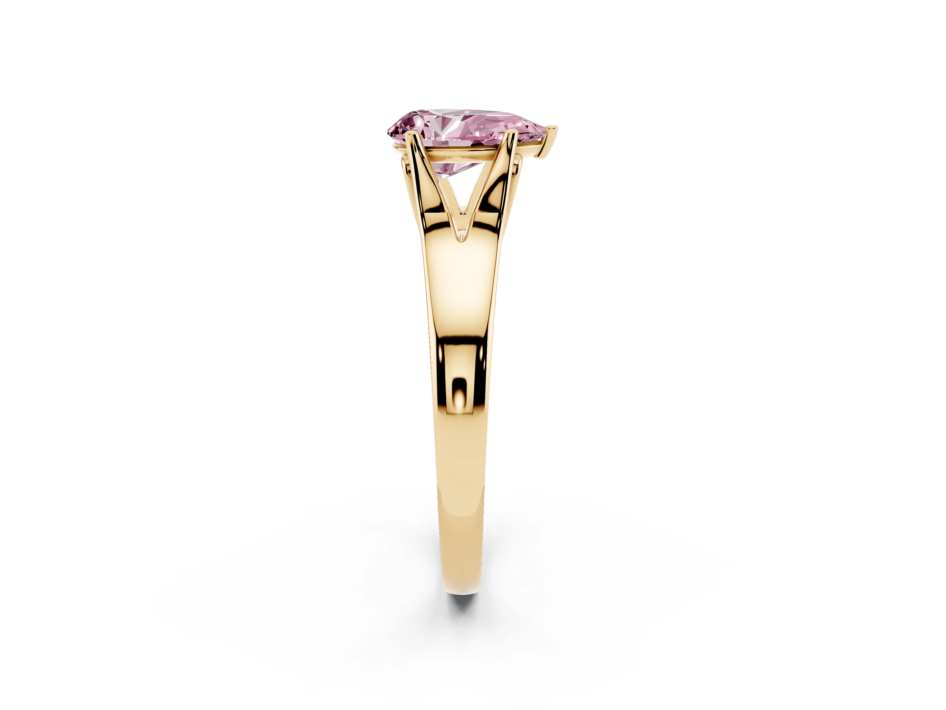 Fancy Pink Pear Cut Diamond Solitaire Ring Set in Yellow gold with Arched Cathedral Band and Prong Setting