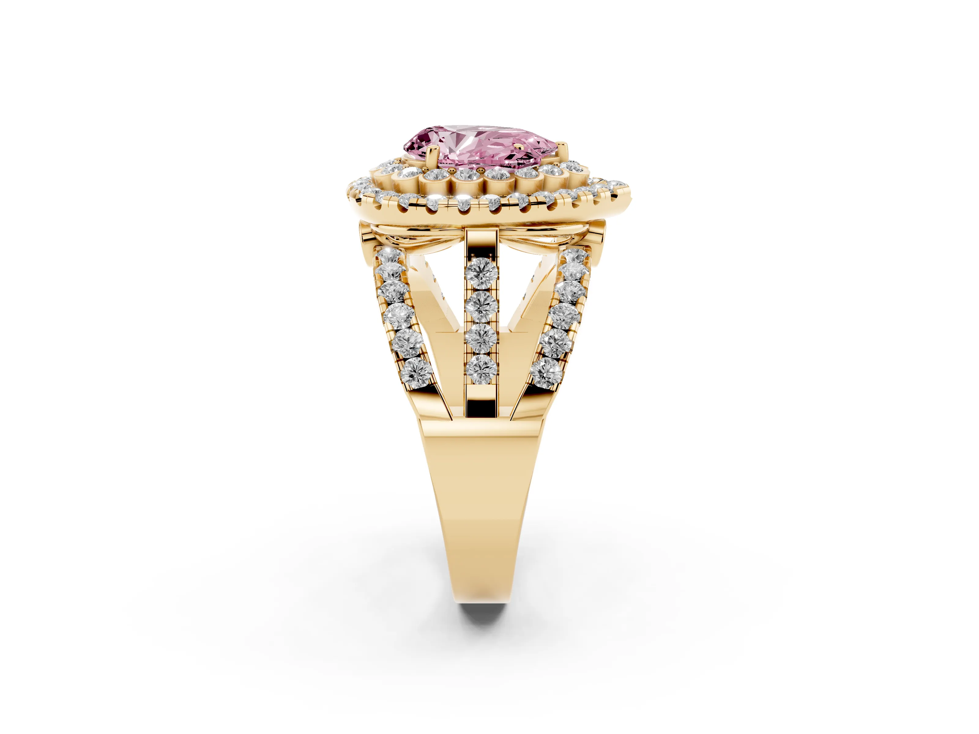 Fancy Pink Pear Cut Diamond Double Halo Ring Set in Yellow gold with Round Pavé Split Shank