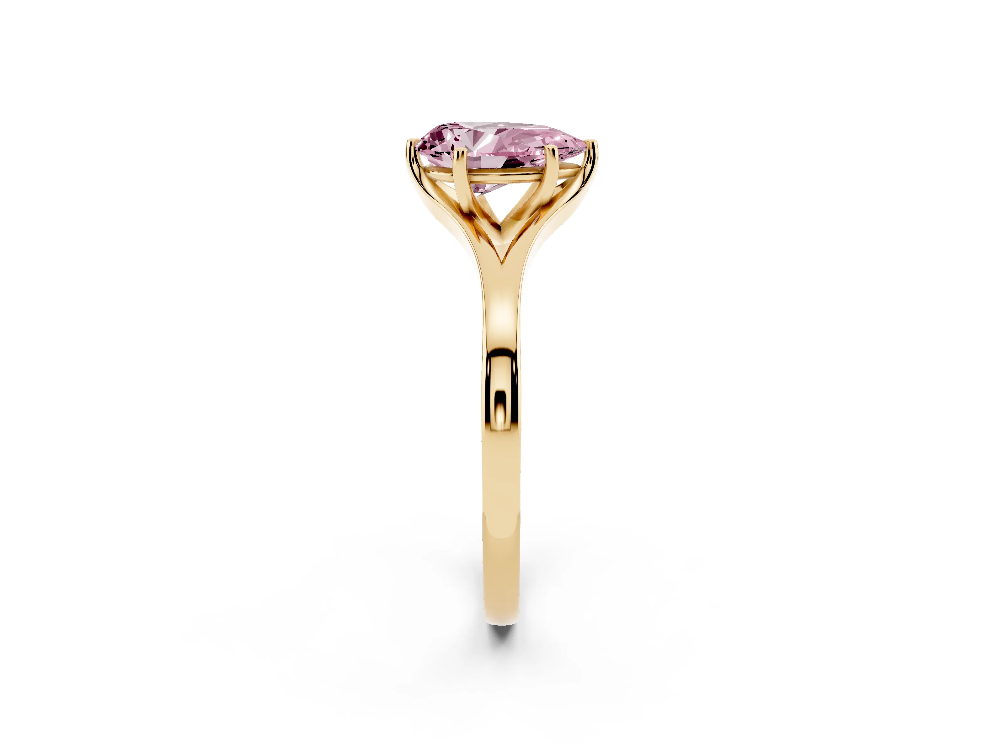 Fancy Pink Pear Cut Diamond Solitaire Ring Set in Yellow gold with Polished Tapered Band and Prong Setting