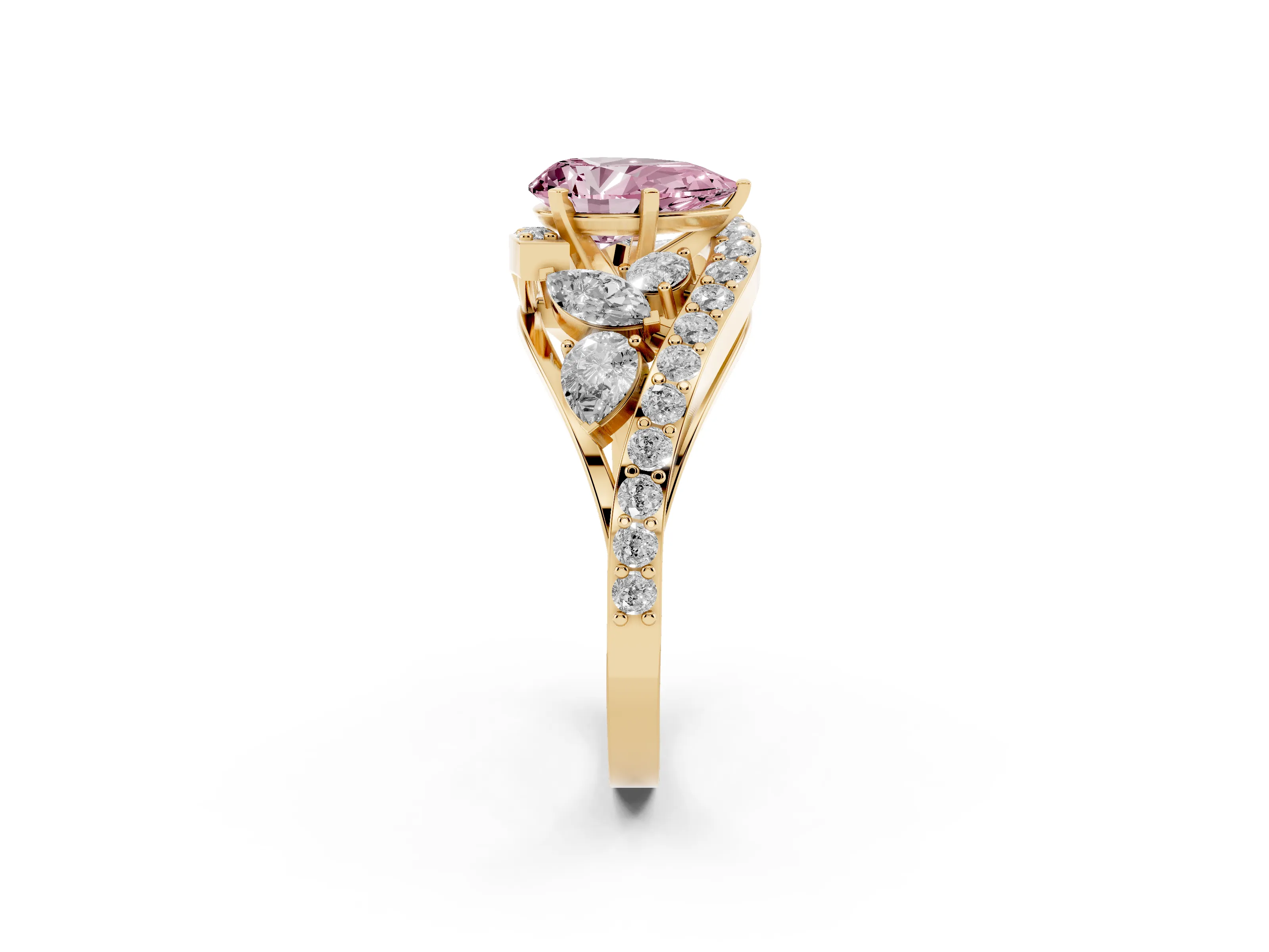 Fancy Pink Pear Cut Diamond Halo Ring Set in Yellow gold with Marquise and Pavé Band in Prong Setting