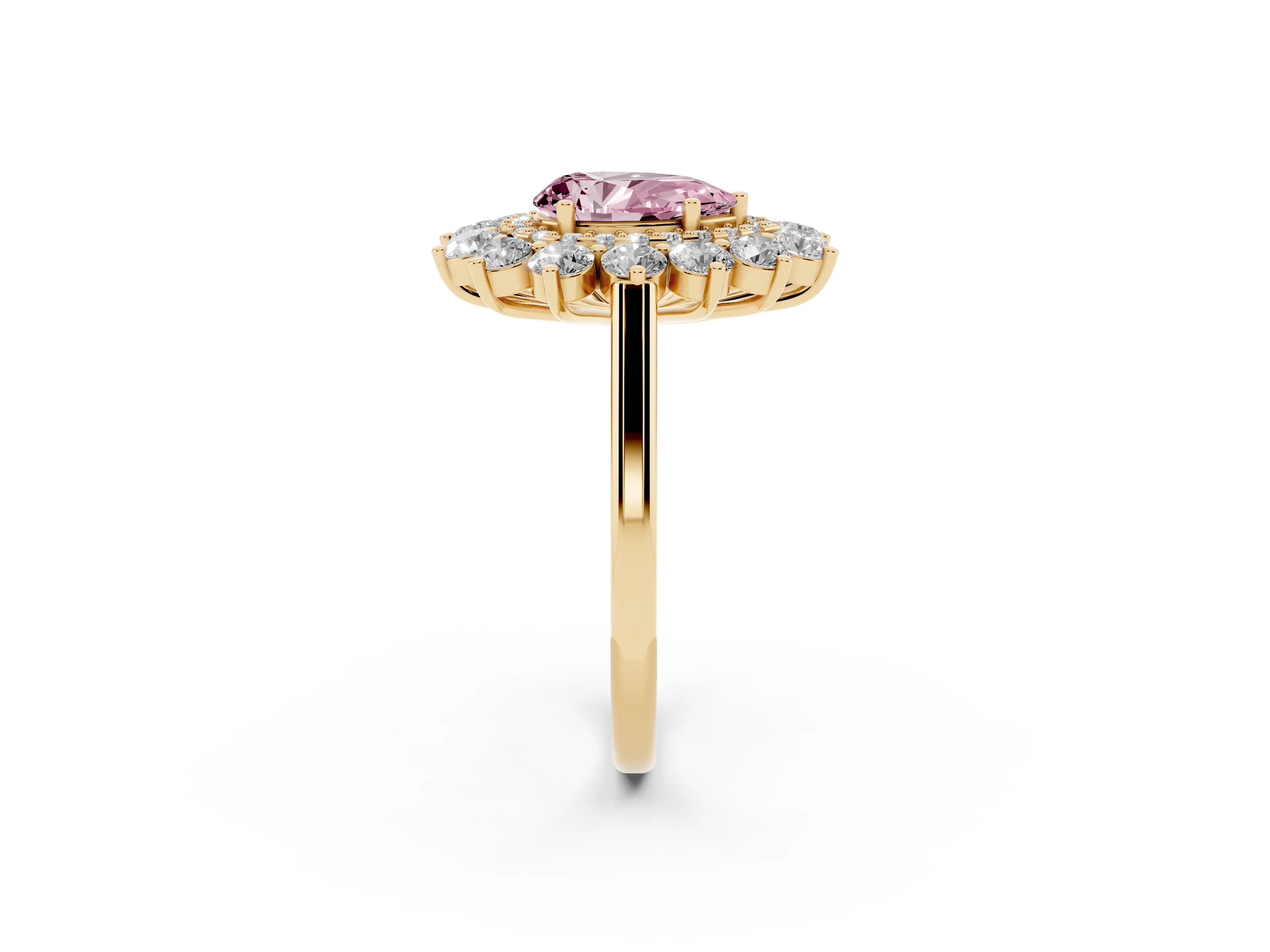Fancy Pink Pear Cut Diamond Floral Double Halo Ring Set in Yellow gold with Round Petals