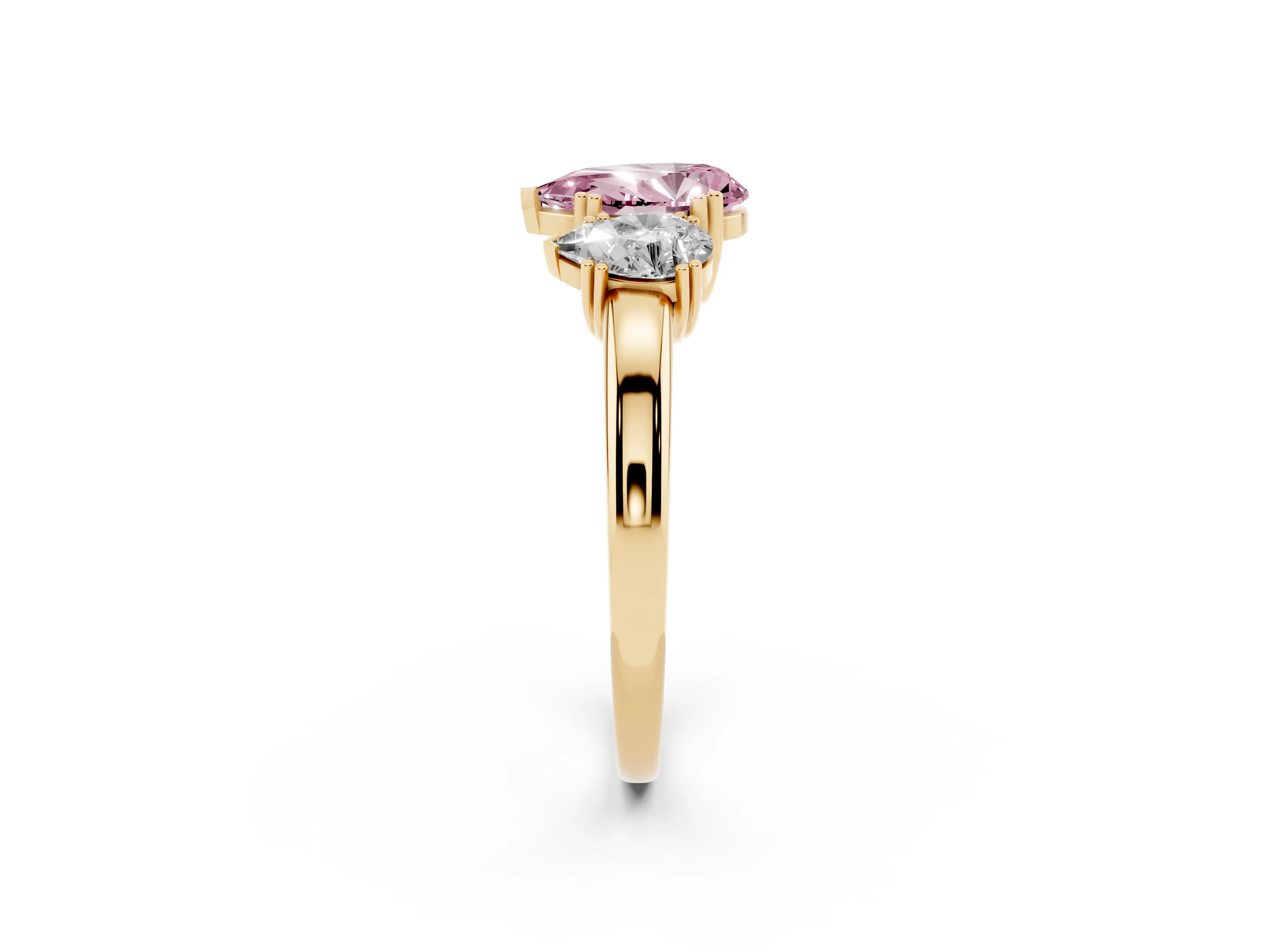 Fancy Pink Pear Cut Diamond Three-Stone Ring Set in Yellow gold with Polished Channel-Set Band