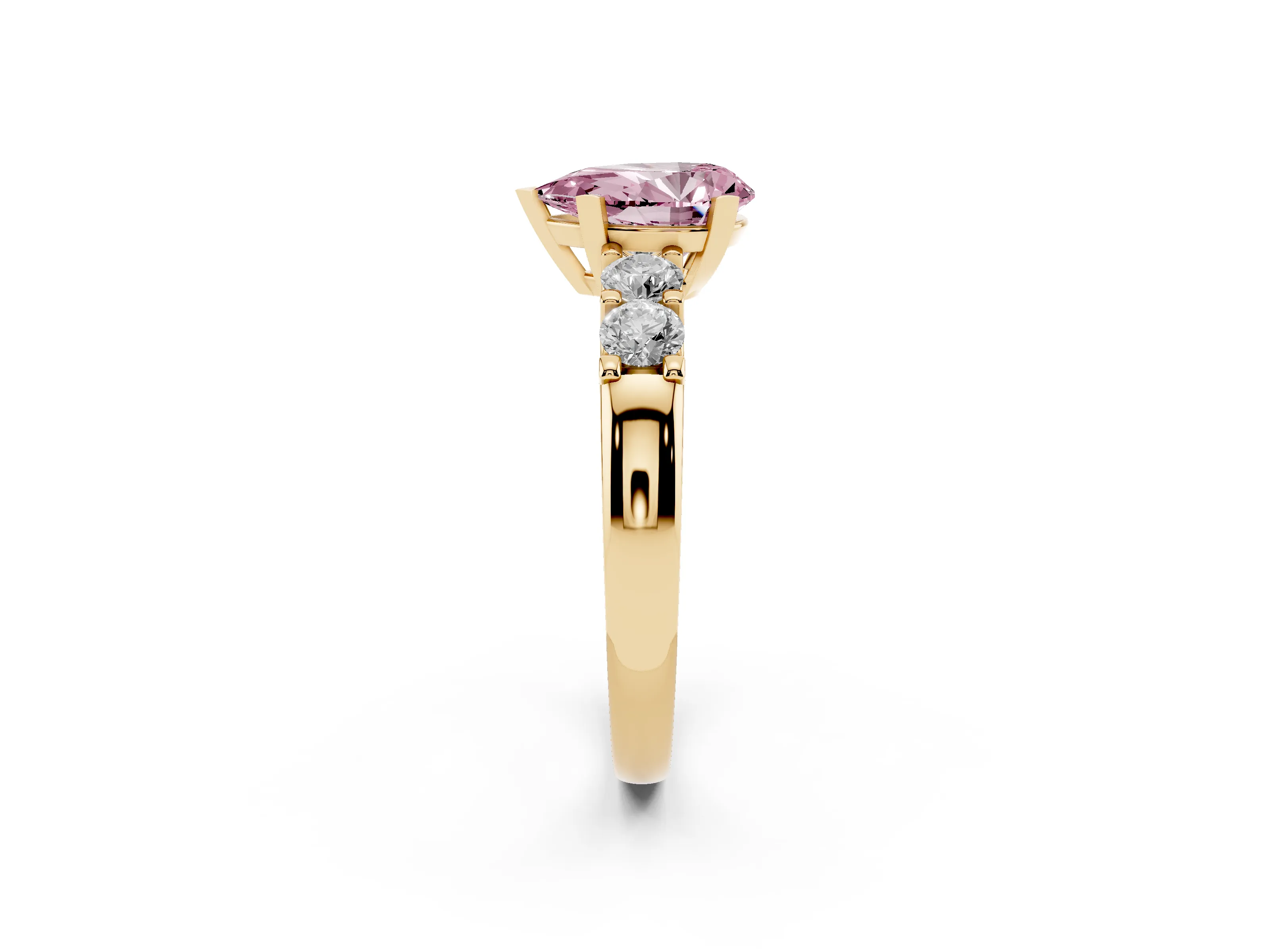 Fancy Pink Pear Cut Diamond Five-Stone Prong Set Engagement Ring Set in Yellow gold with Channel Band