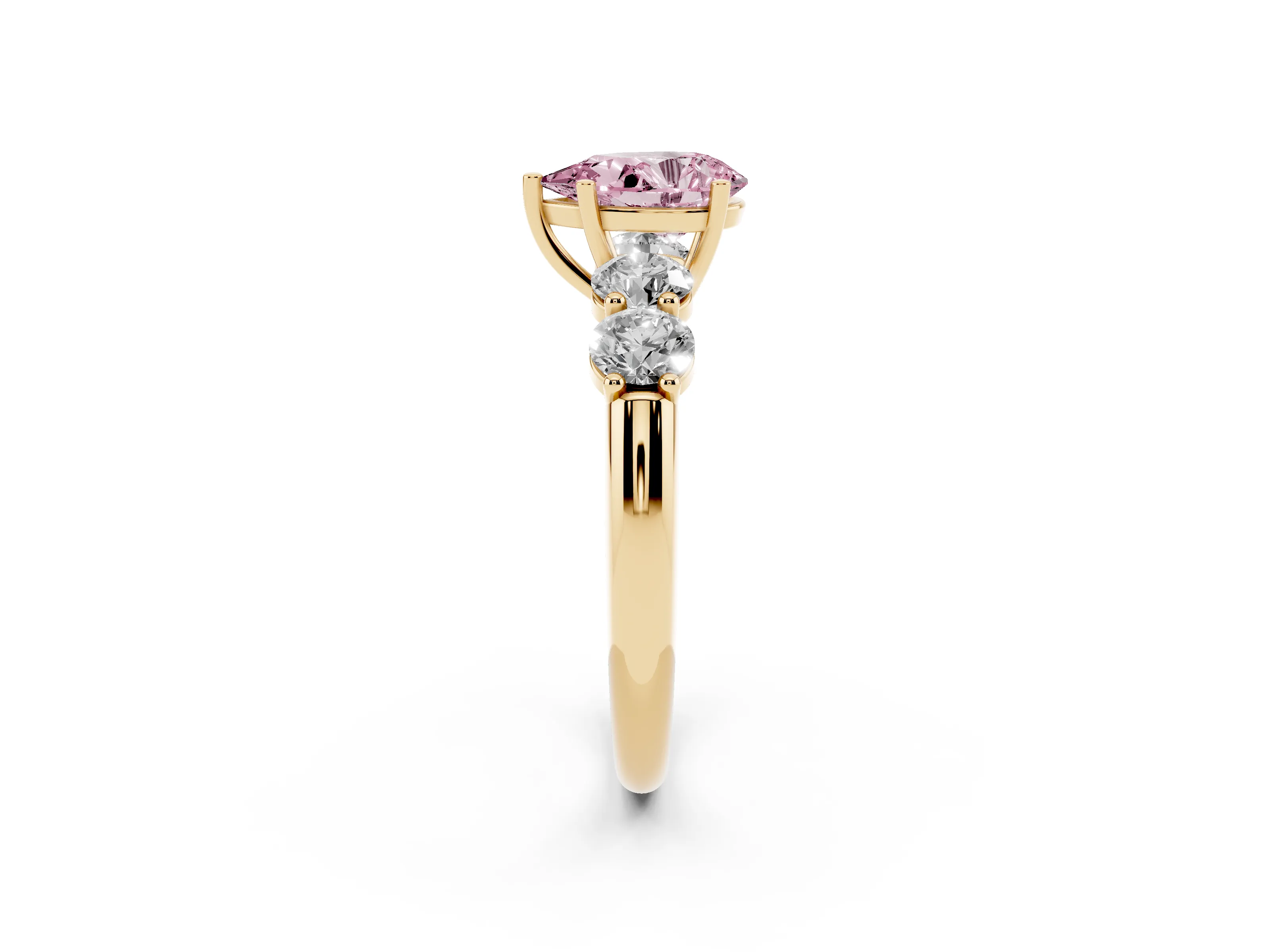 Fancy Pink Pear Cut Diamond Five-Stone Prong Set Ring Set in Yellow gold with Classic Band
