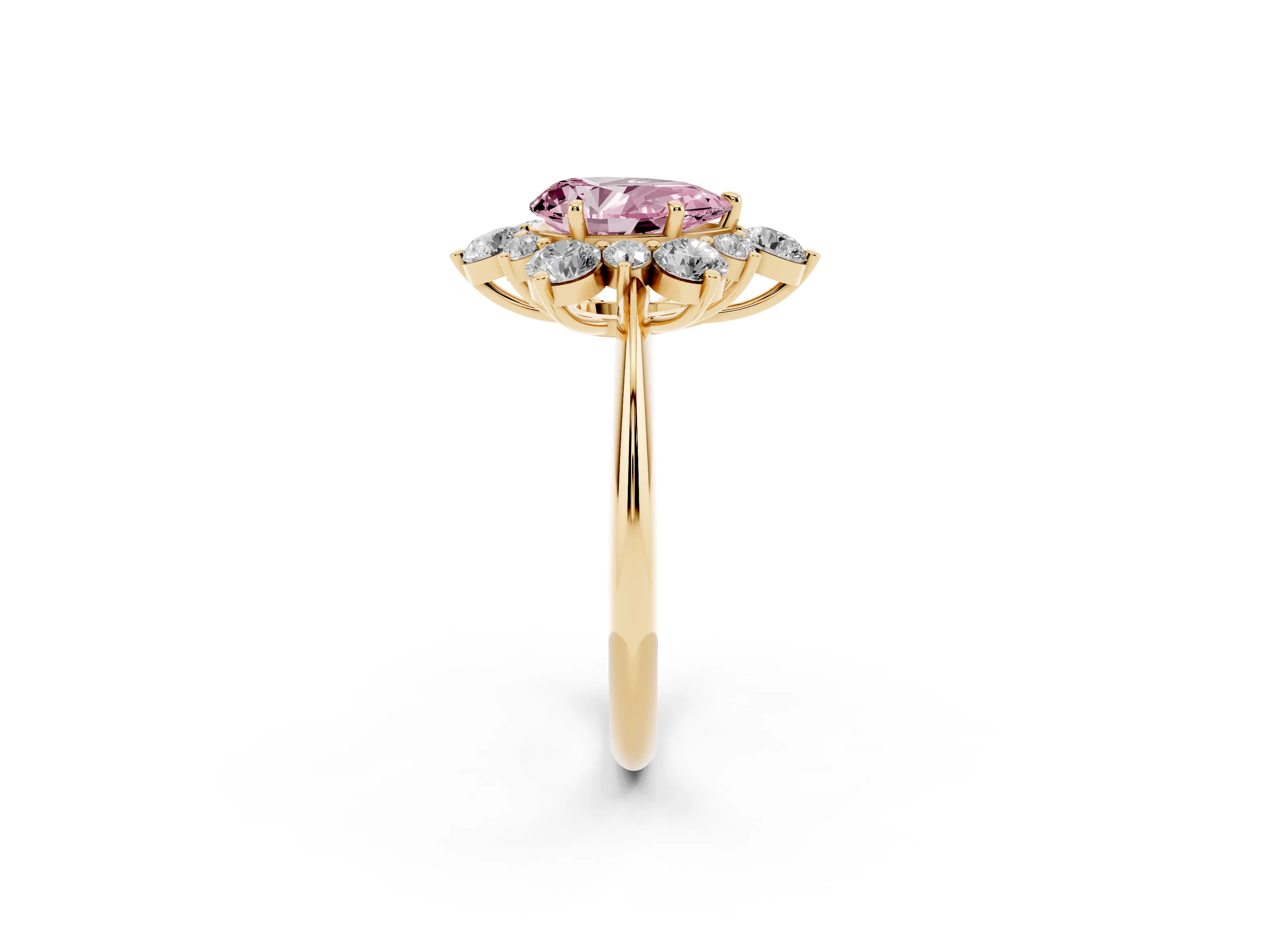 Fancy Pink Pear Cut Diamond Cluster Halo Ring Set in Yellow gold with Solitaire Band and Prong Setting
