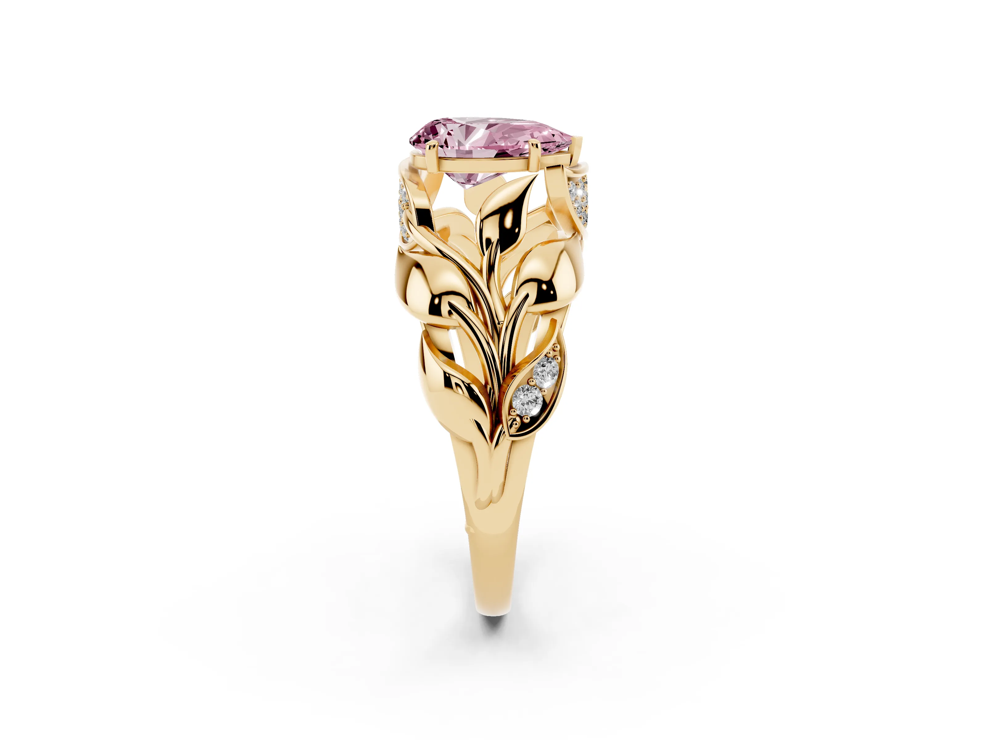 Fancy Pink Pear Cut Diamond Leaf-Inspired Engagement Ring Set in Yellow gold with Round Accents