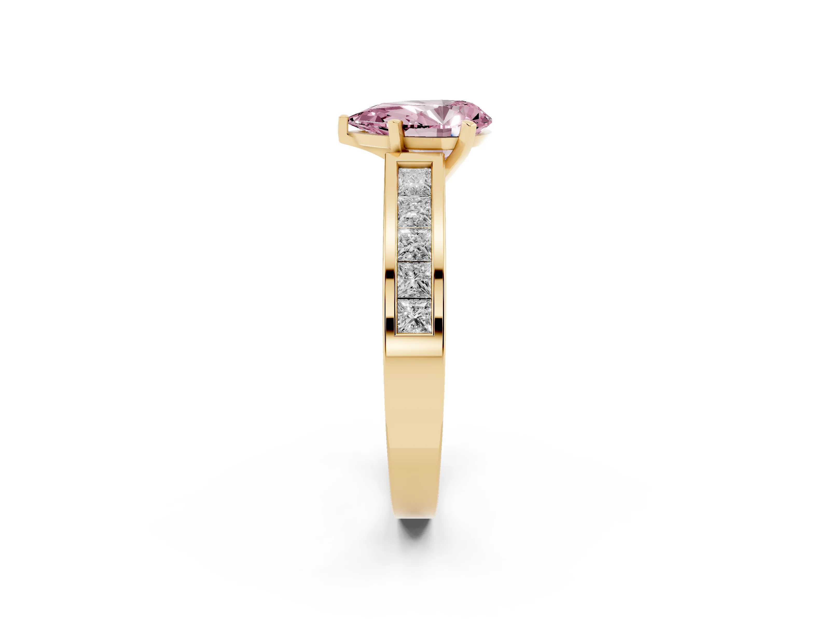 Fancy Pink Pear Cut Diamond Solitaire Ring Set in Yellow gold with Channel-Set Band and Prong Setting