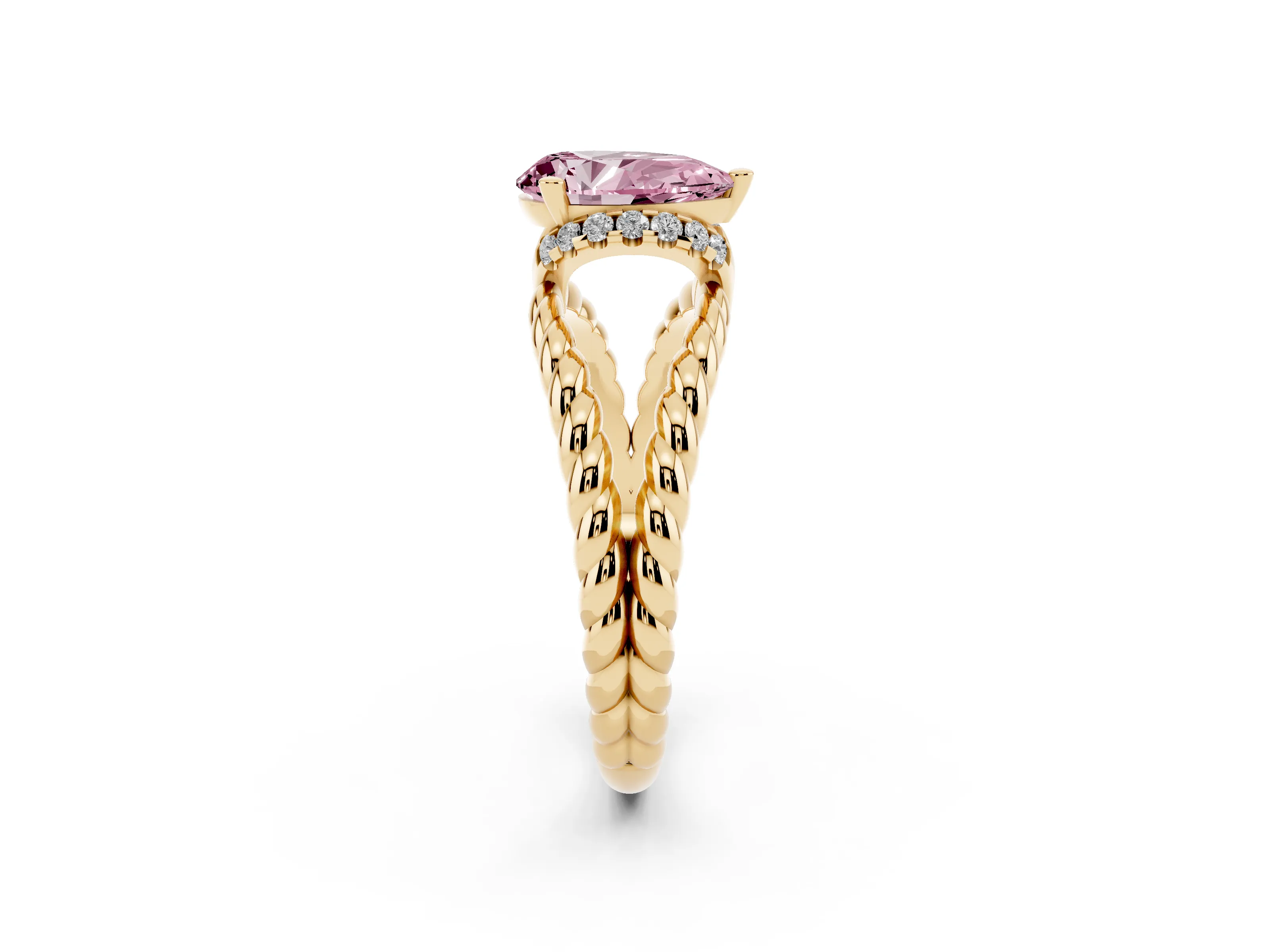 Fancy Pink Pear Cut Diamond Halo Ring Set in Yellow gold with Twisted Band and Prong Setting
