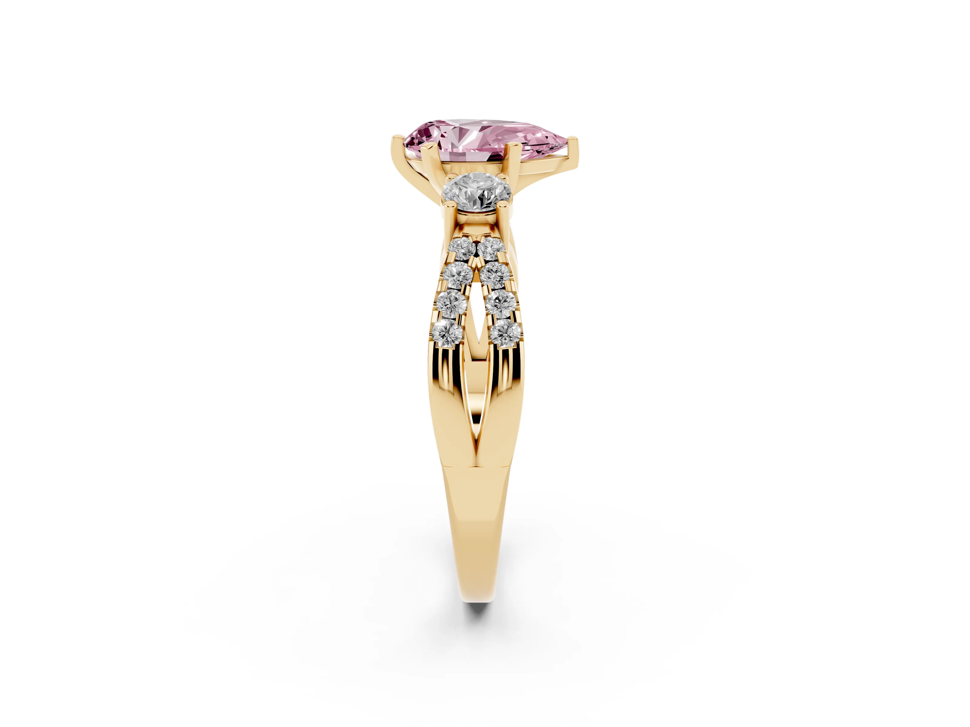 Fancy Pink Pear Cut Diamond Three-Stone Ring Set in Yellow gold with Pavé Split Shank and Prong Setting