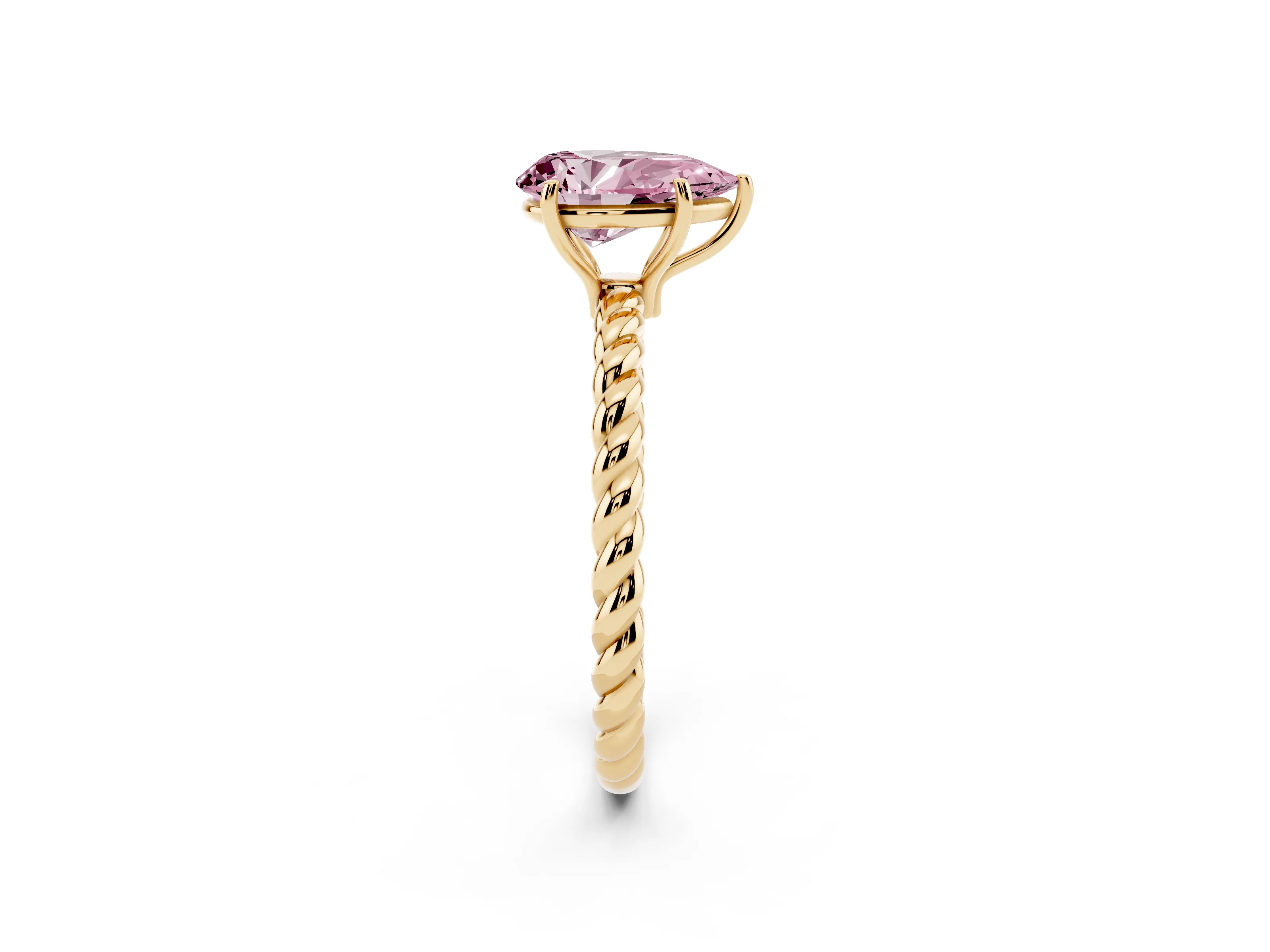 Fancy Pink Pear Cut Diamond Solitaire Ring Set in Yellow gold with Twist Band and Prong Setting