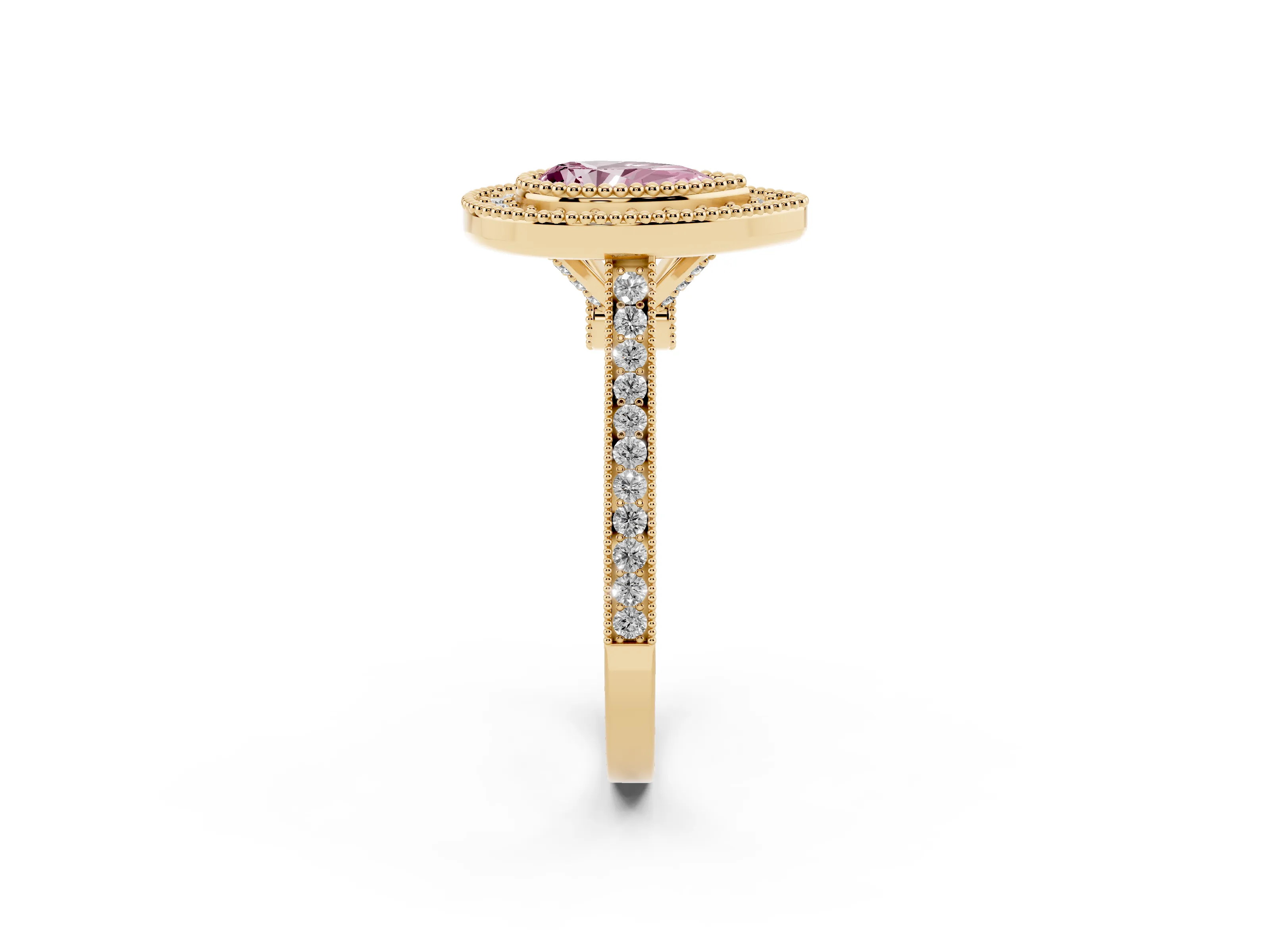 Fancy Pink Pear Cut Diamond Halo Ring Set in Yellow gold with Milgrain Frame and Pavé Band