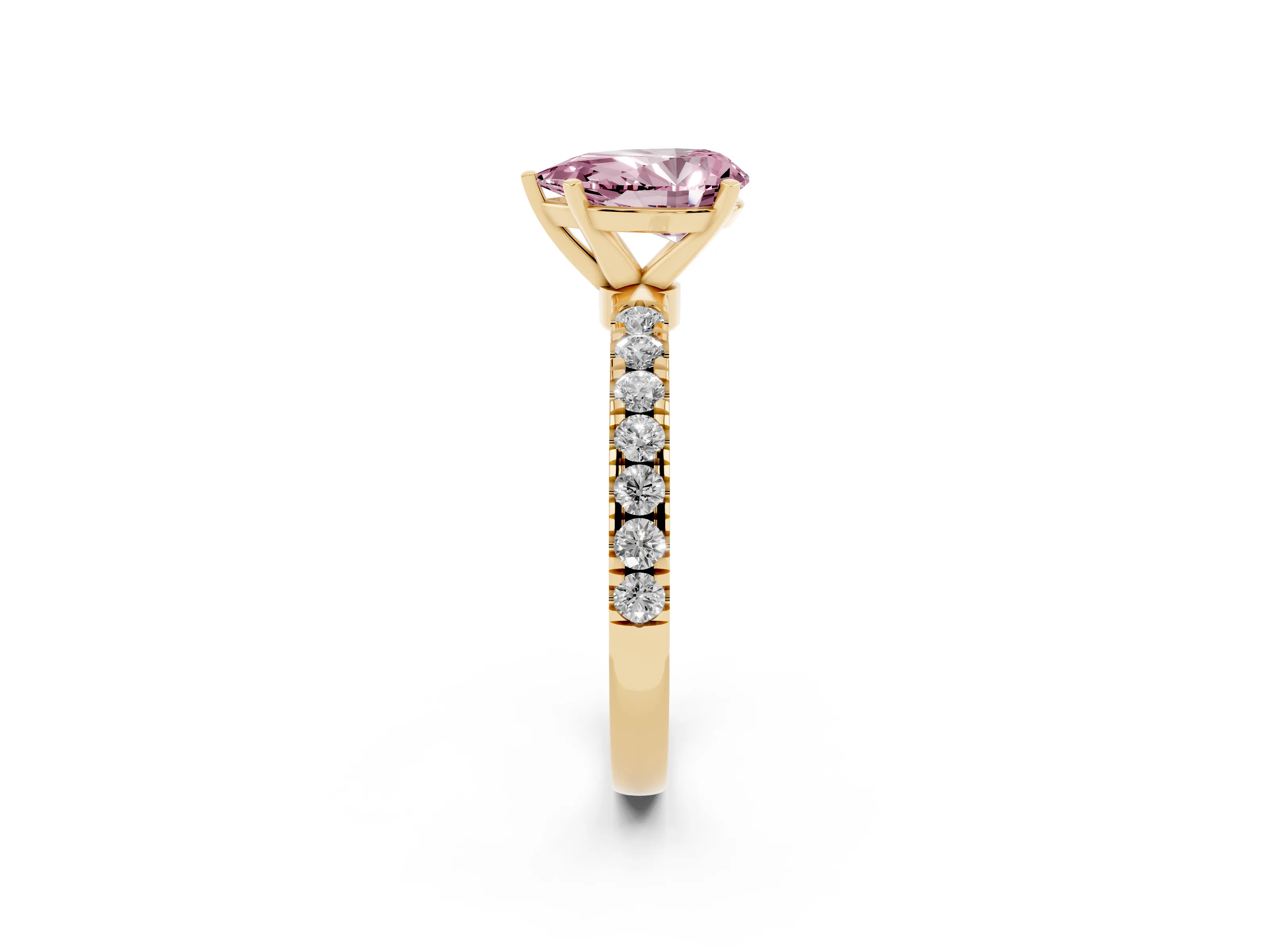 Fancy Pink Pear Cut Diamond Solitaire Ring Set in Yellow gold with Pavé Accents and Prong Setting