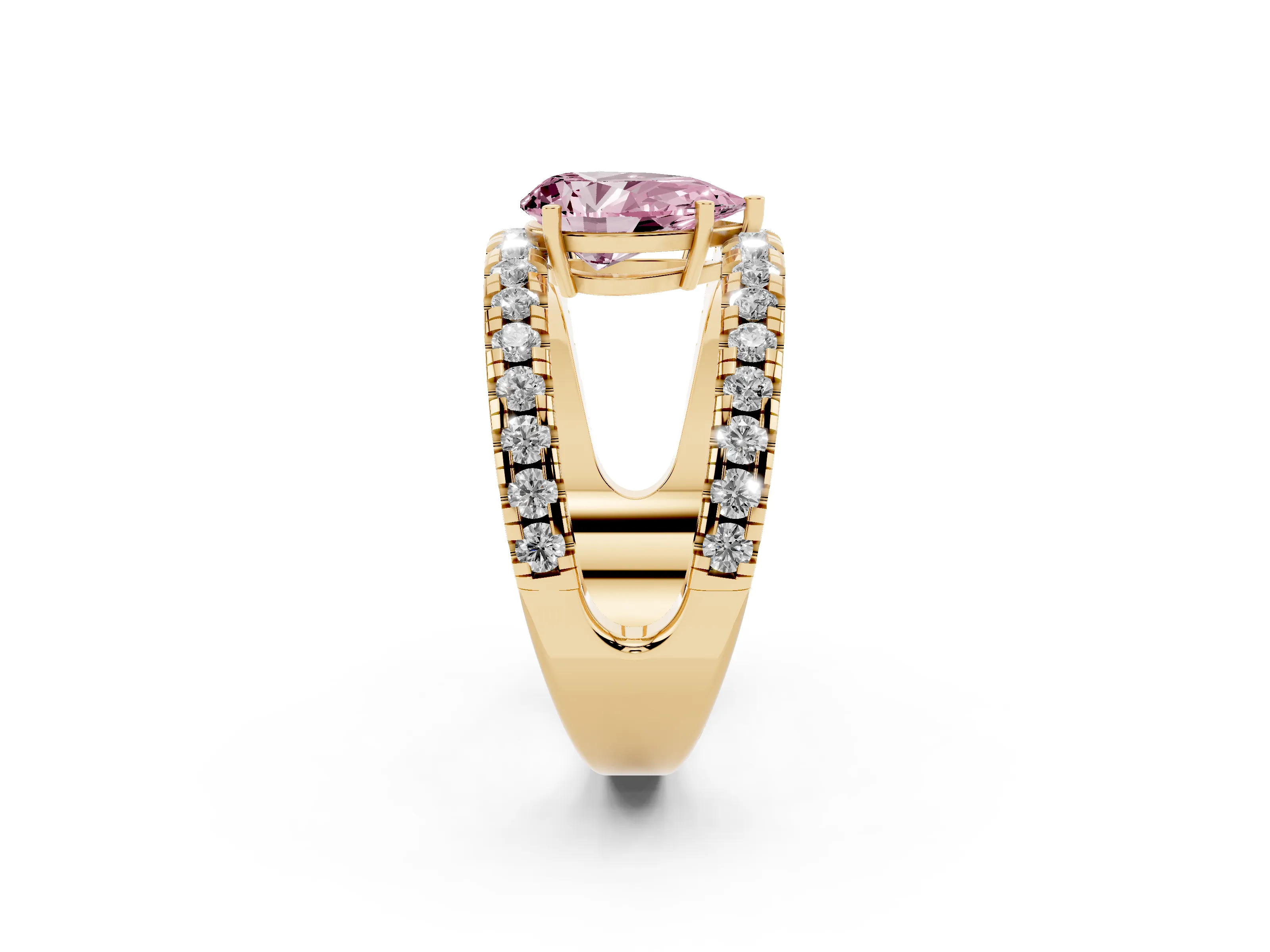 Fancy Pink Pear Cut Diamond Split Shank Pavé Solitaire Ring Set in Yellow gold with Open Shank Design