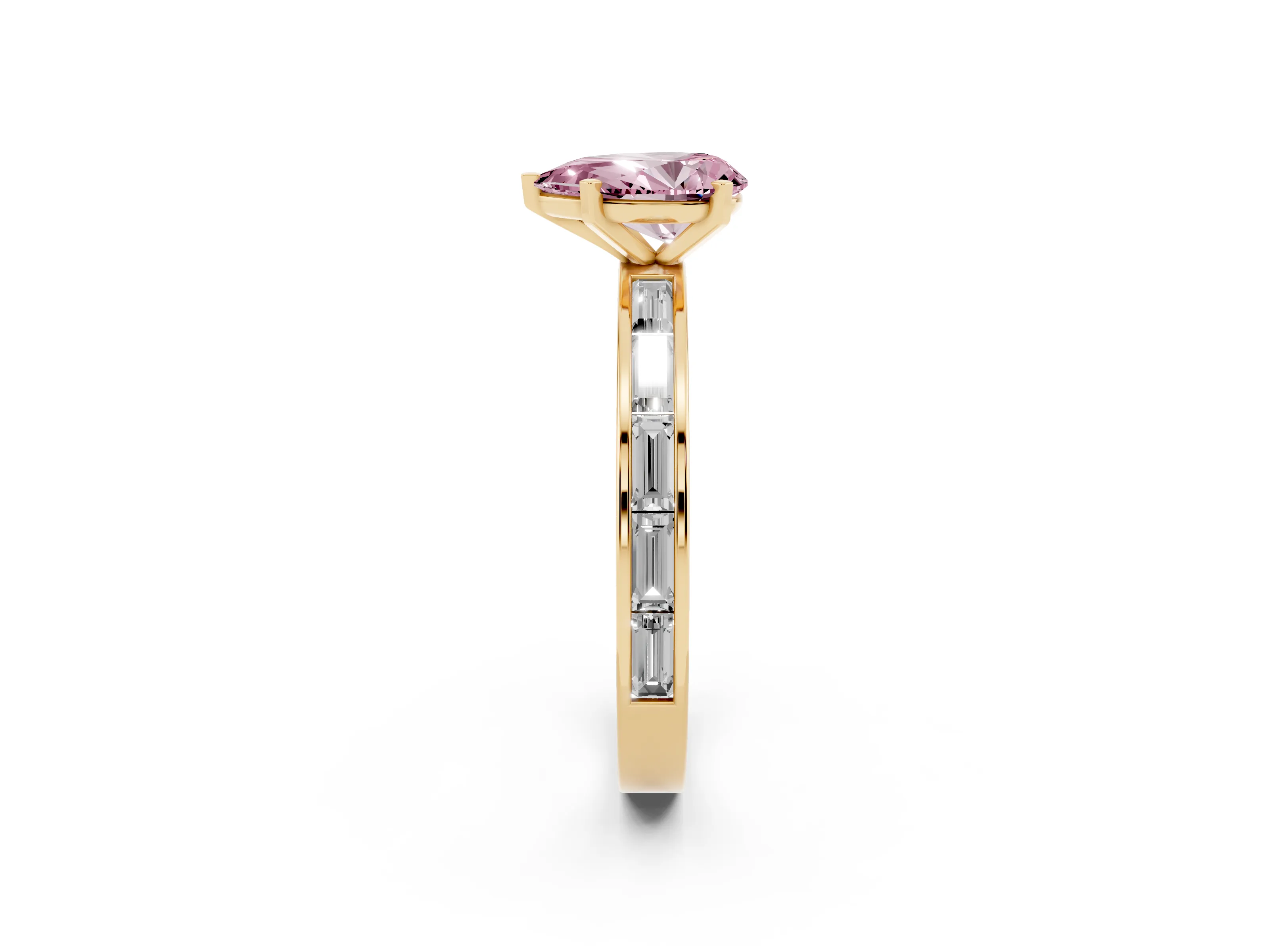 Fancy Pink Pear Cut Diamond Solitaire Ring Set in Yellow gold with Channel-Set Baguette Band and Prong Setting