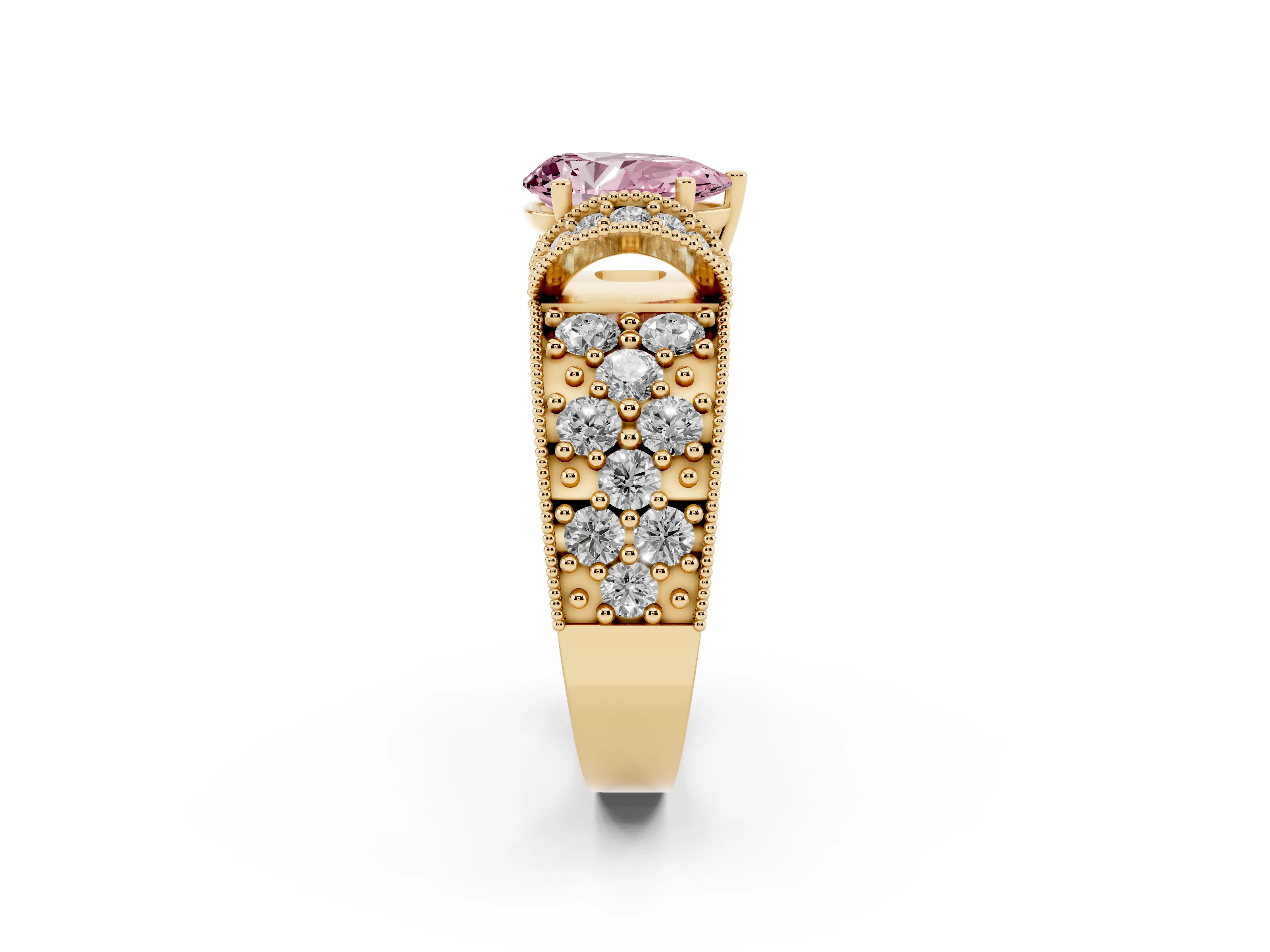 Fancy Pink Pear Cut Diamond Milgrain Halo Pavé Engagement Ring Set in Yellow gold with Prong Setting