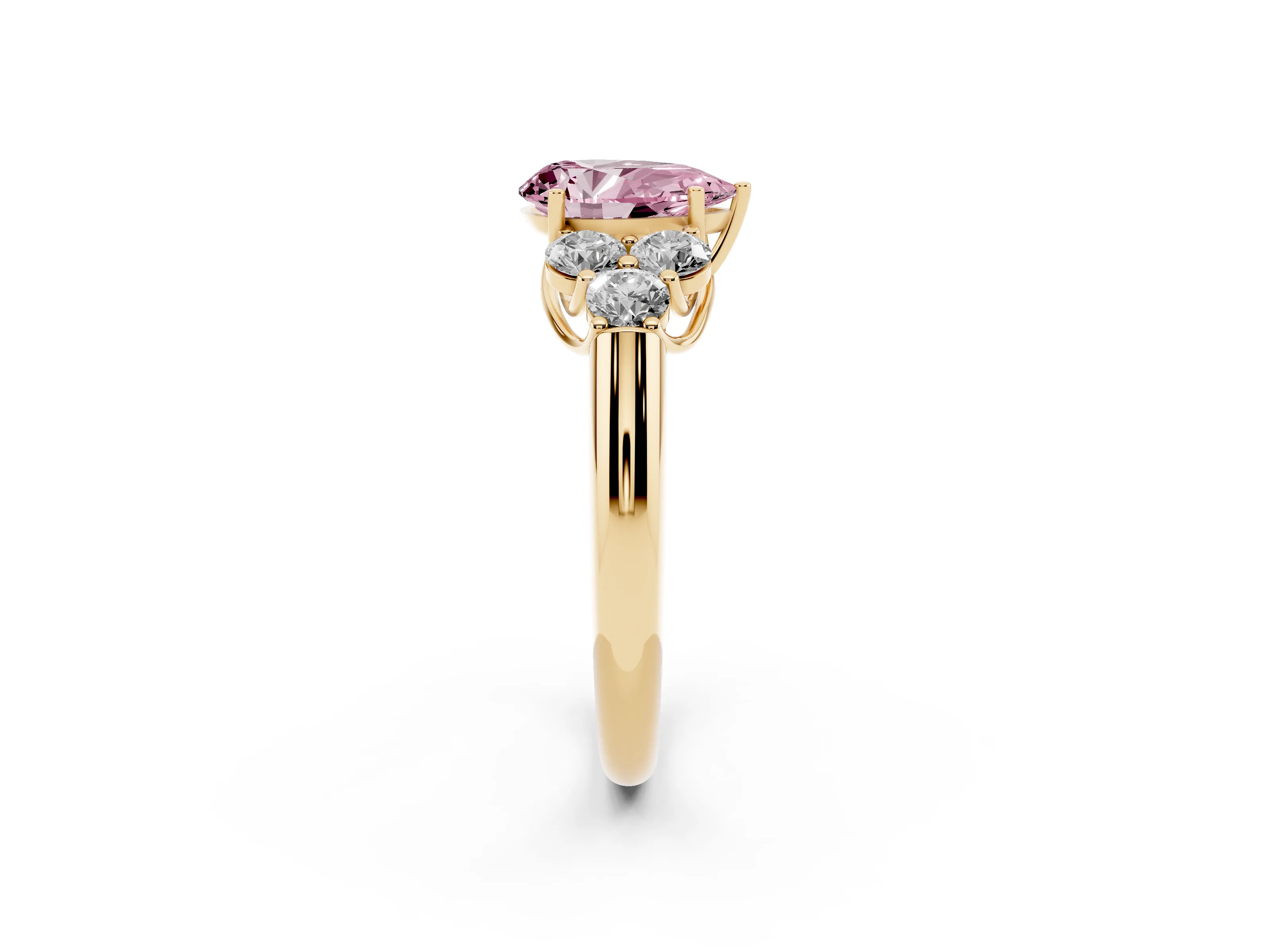 Fancy Pink Pear Cut Diamond Cluster Ring Set in Yellow gold with Round Accent Stones and Prong Setting on a Plain Band