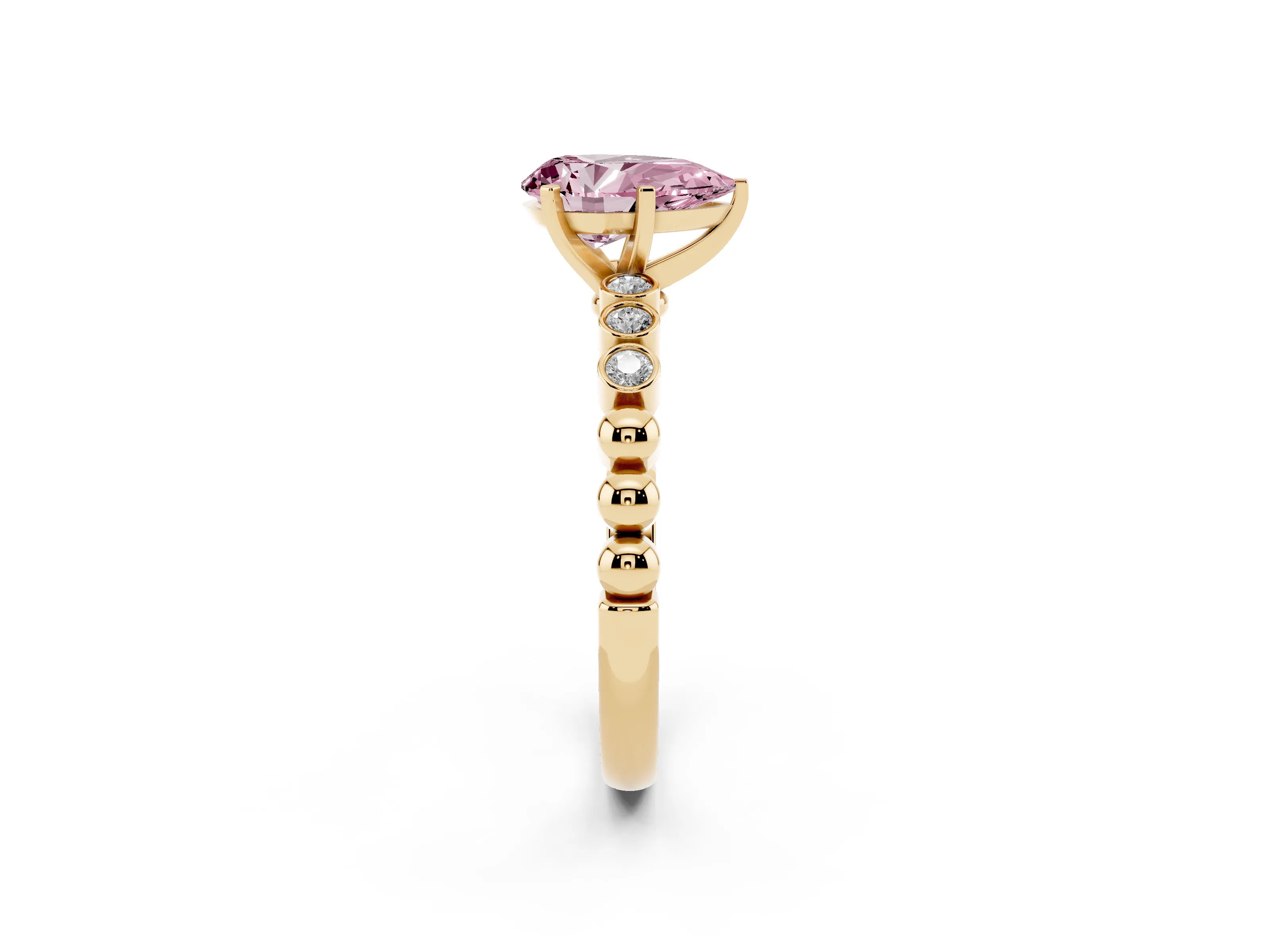 Fancy Pink Pear Cut Diamond Solitaire Engagement Ring Set in Yellow gold with Bezel Accents on Beaded Band