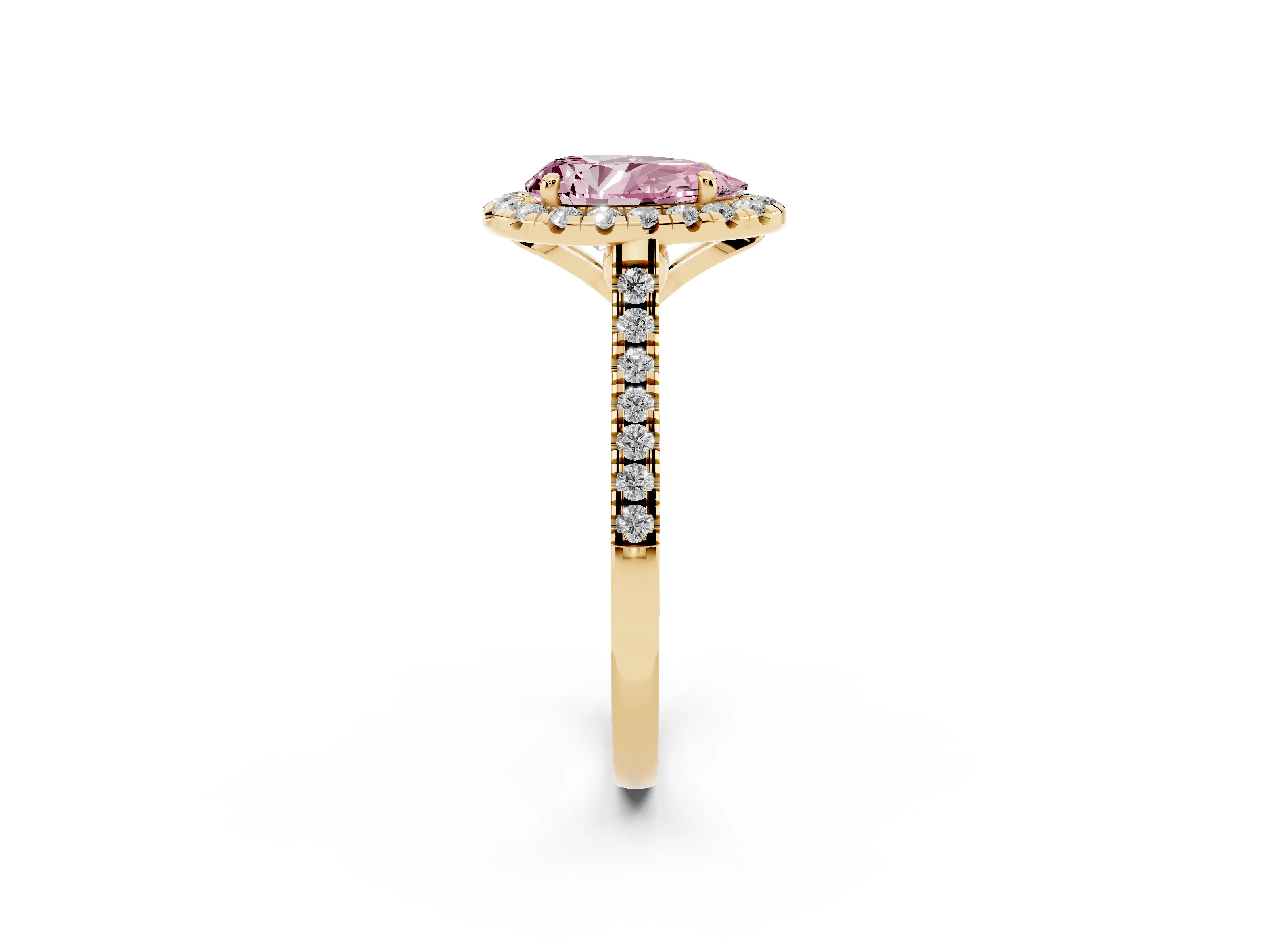 Fancy Pink Pear Cut Diamond Cushion Halo Ring Set in Yellow gold with Pavé Band