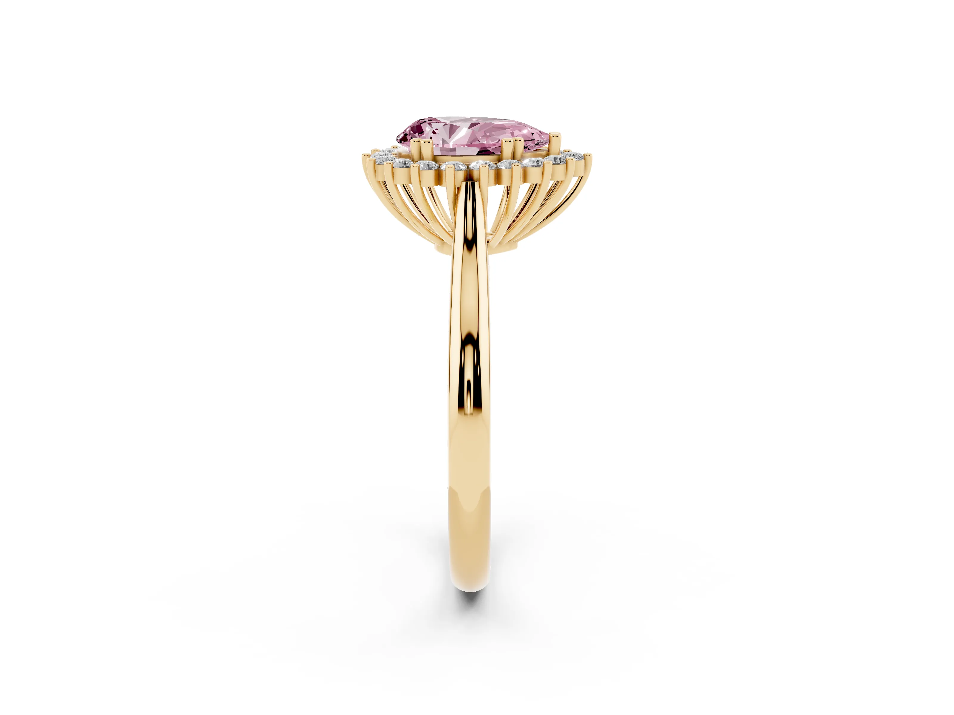 Fancy Pink Pear Cut Diamond Halo Ring Set in Yellow gold with Plain Solitaire Band and Prong Setting