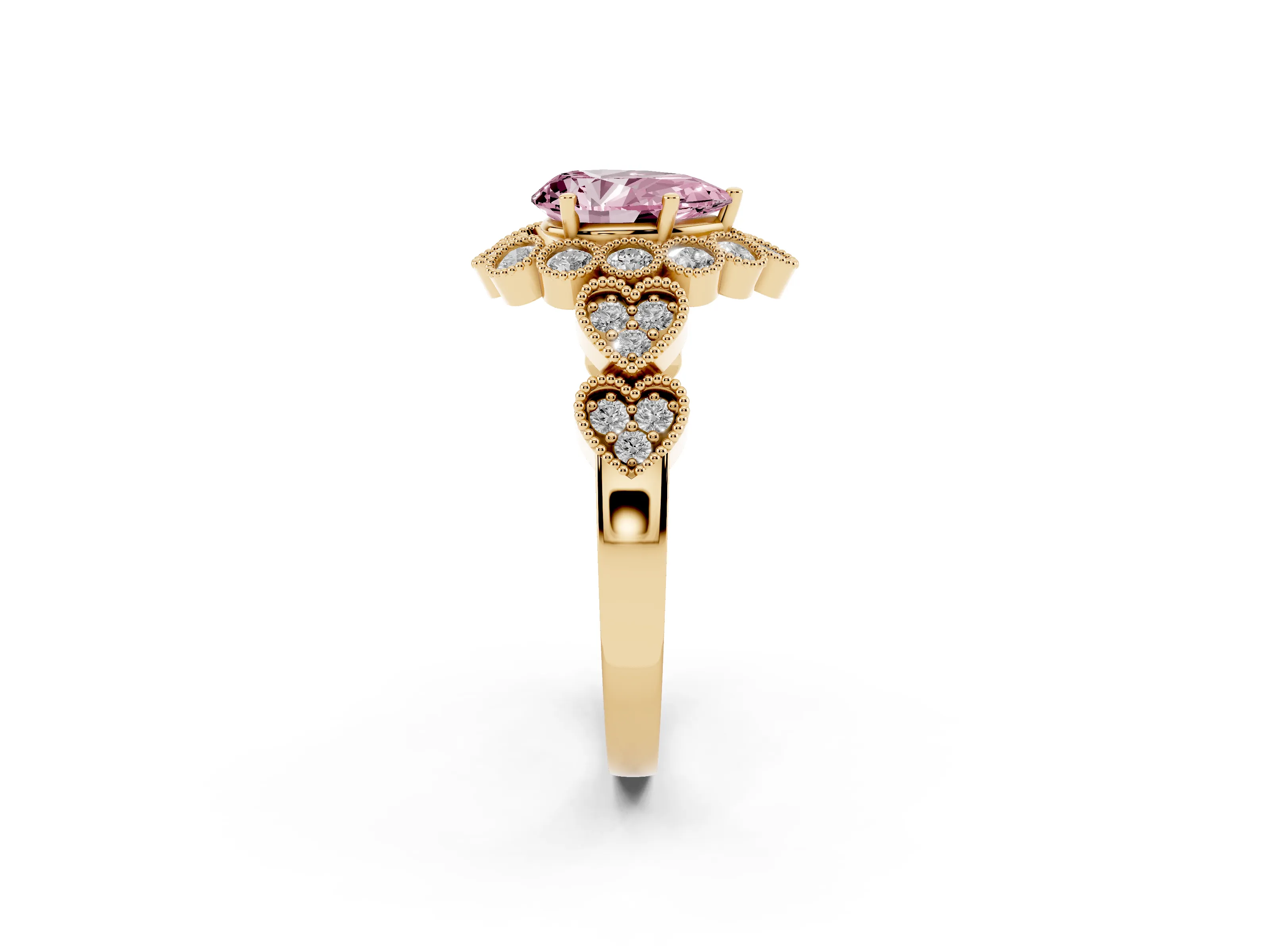 Fancy Pink Pear Cut Diamond Solitaire Ring Set in Yellow gold with Milgrain Pavé Heart Band