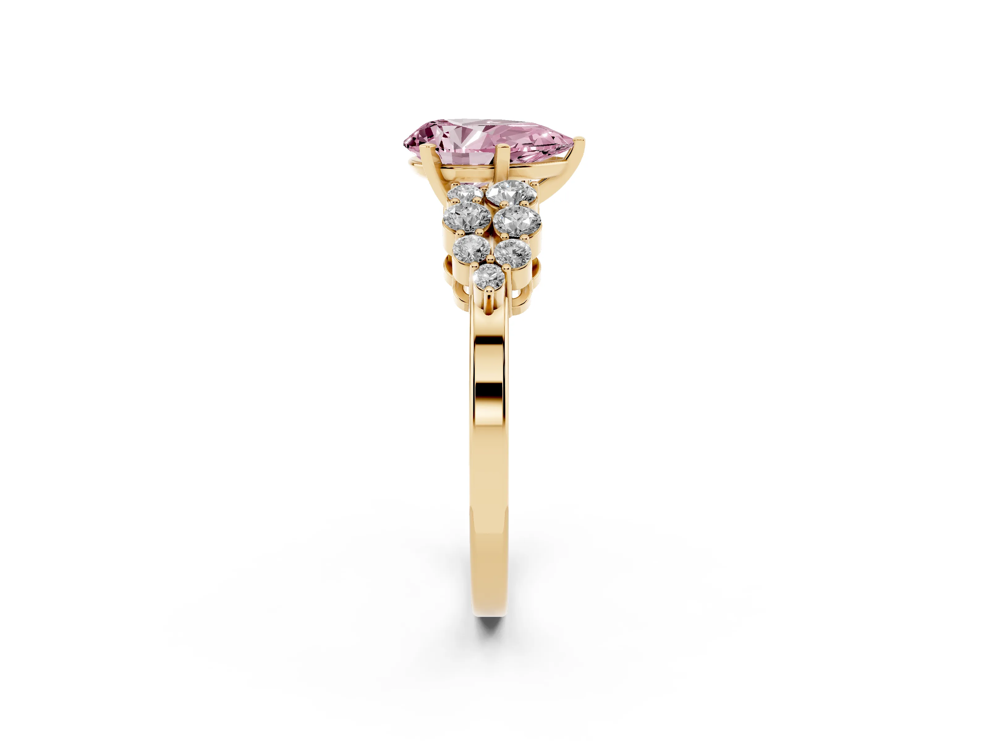 Fancy Pink Pear Cut Diamond Cluster Engagement Ring Set in Yellow gold with Pavé Band and Prong Setting