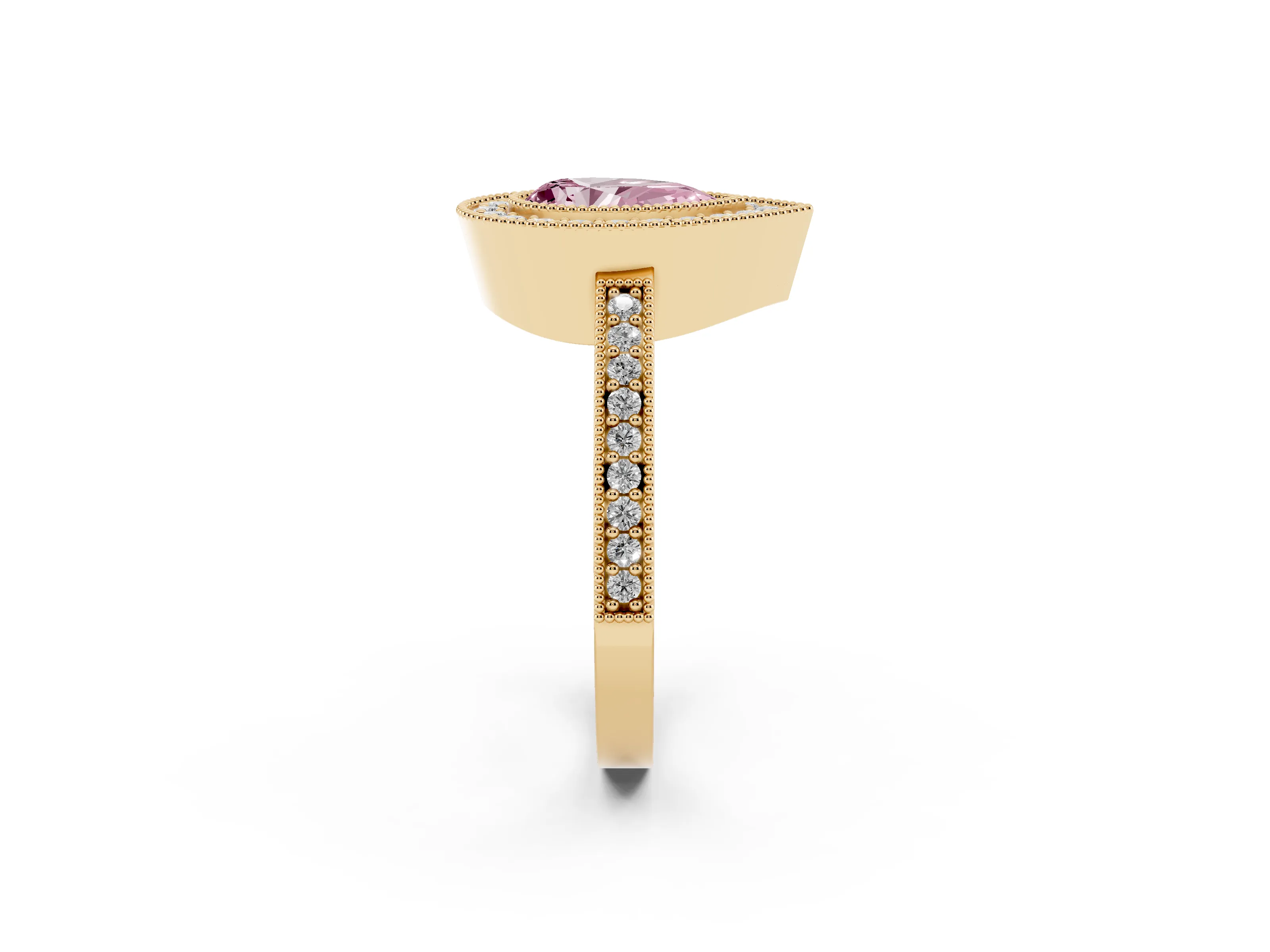 Fancy Pink Pear Cut Diamond Halo Engagement Ring Set in Yellow gold with Pavé Band and Round Halo Stones