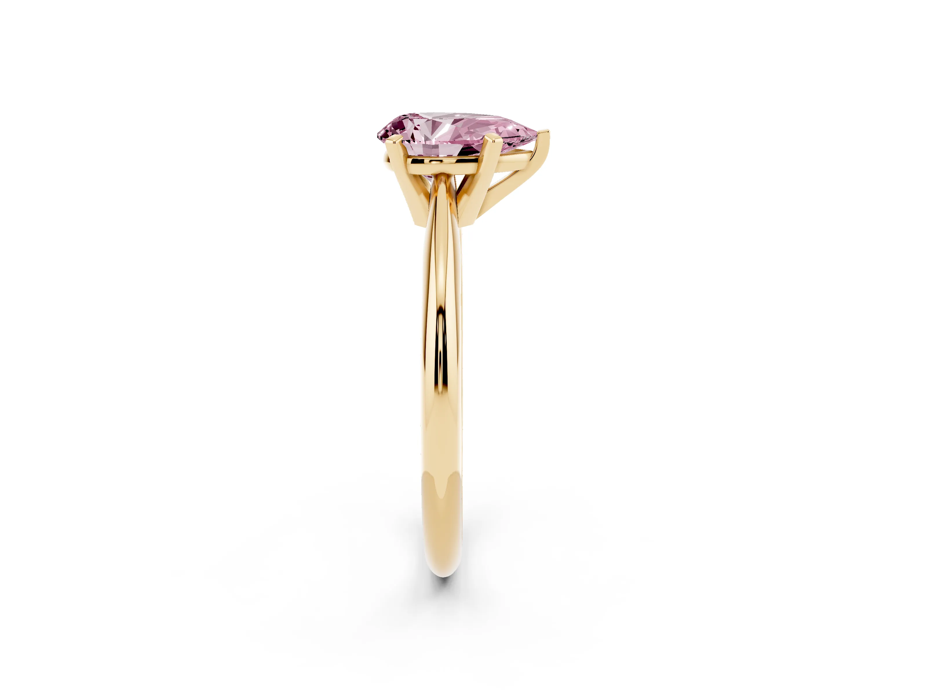 Fancy Pink Pear Cut Diamond Solitaire Ring Set in Yellow gold with Prong Setting on a Plain Round Band
