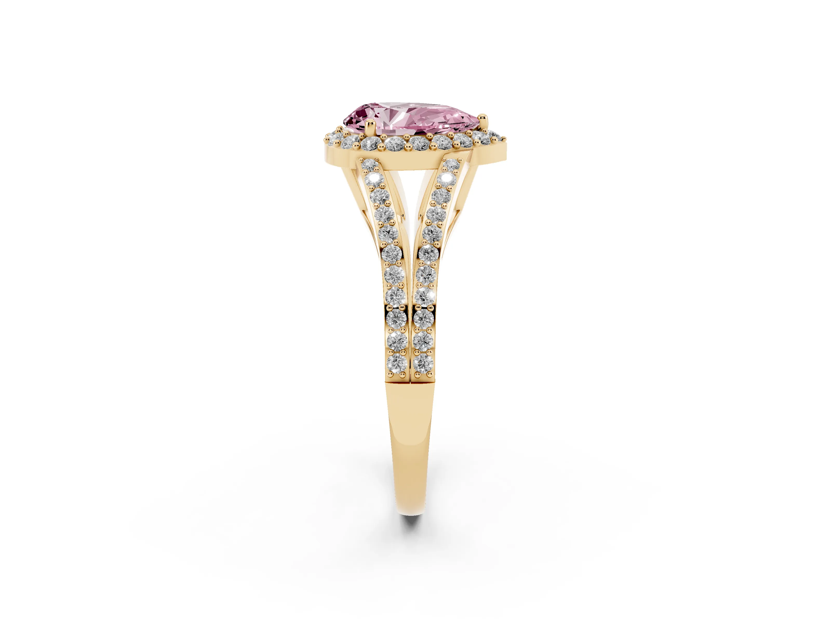 Fancy Pink Pear Cut Diamond Halo Split Shank Pavé Ring Set in Yellow gold with Prong Setting