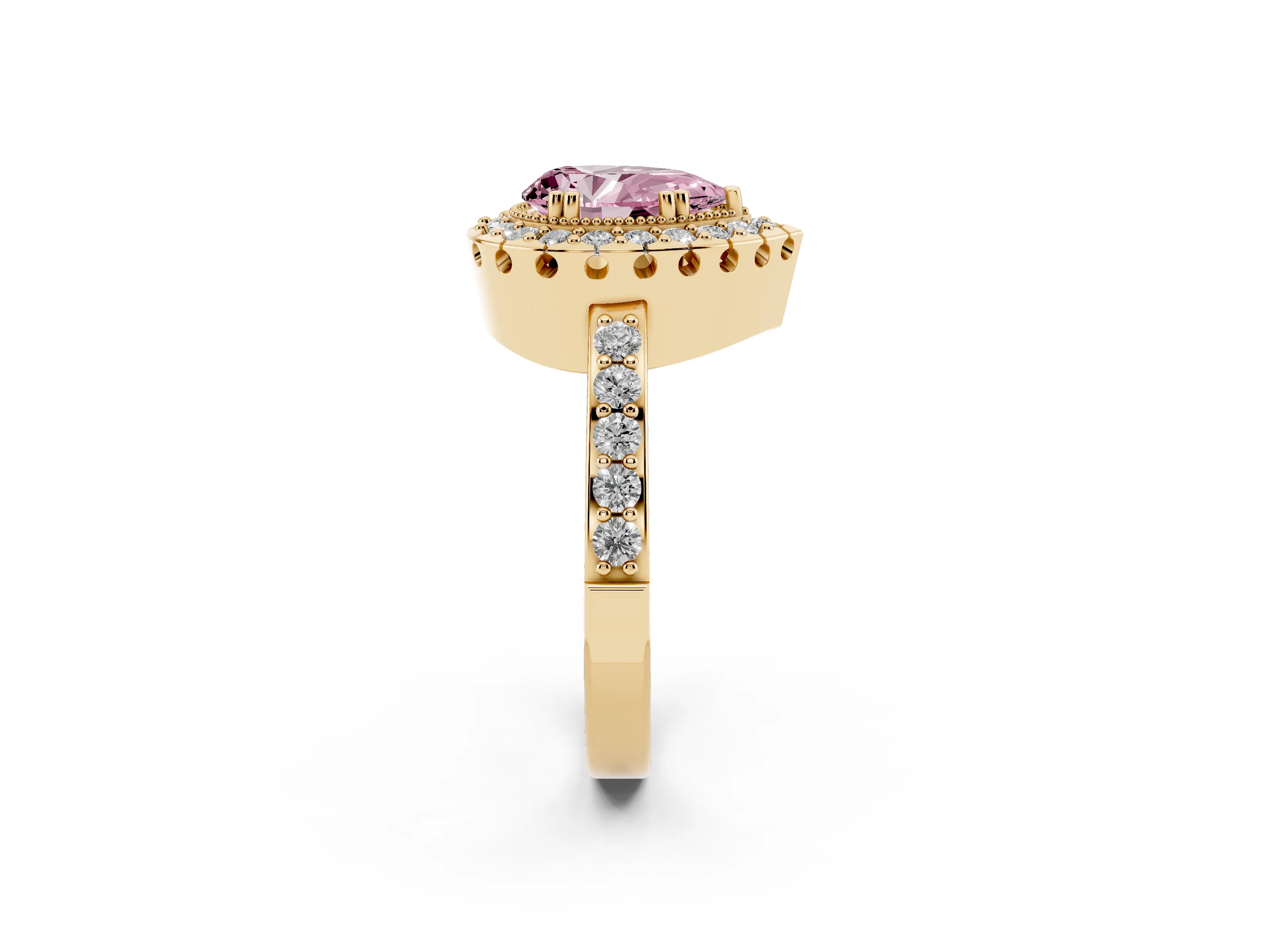 Fancy Pink Pear Cut Diamond Halo Ring Set in Yellow gold with Pavé Shank and Prong Setting