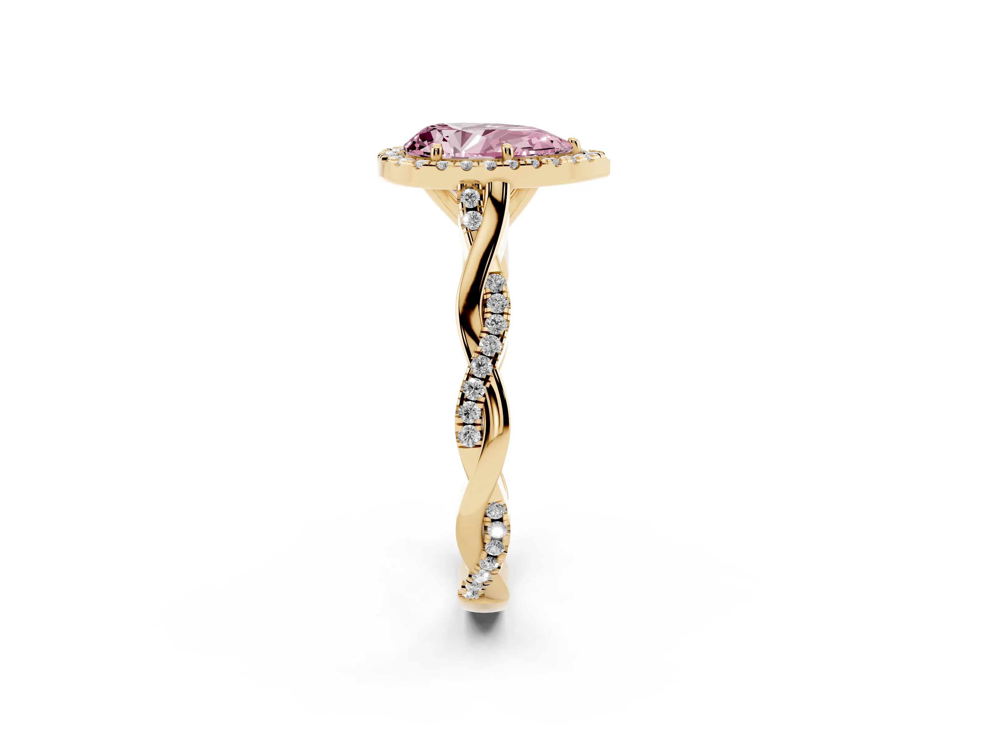 Fancy Pink Pear Cut Diamond Halo Twist Band Solitaire Ring Set in Yellow gold with Prong Setting