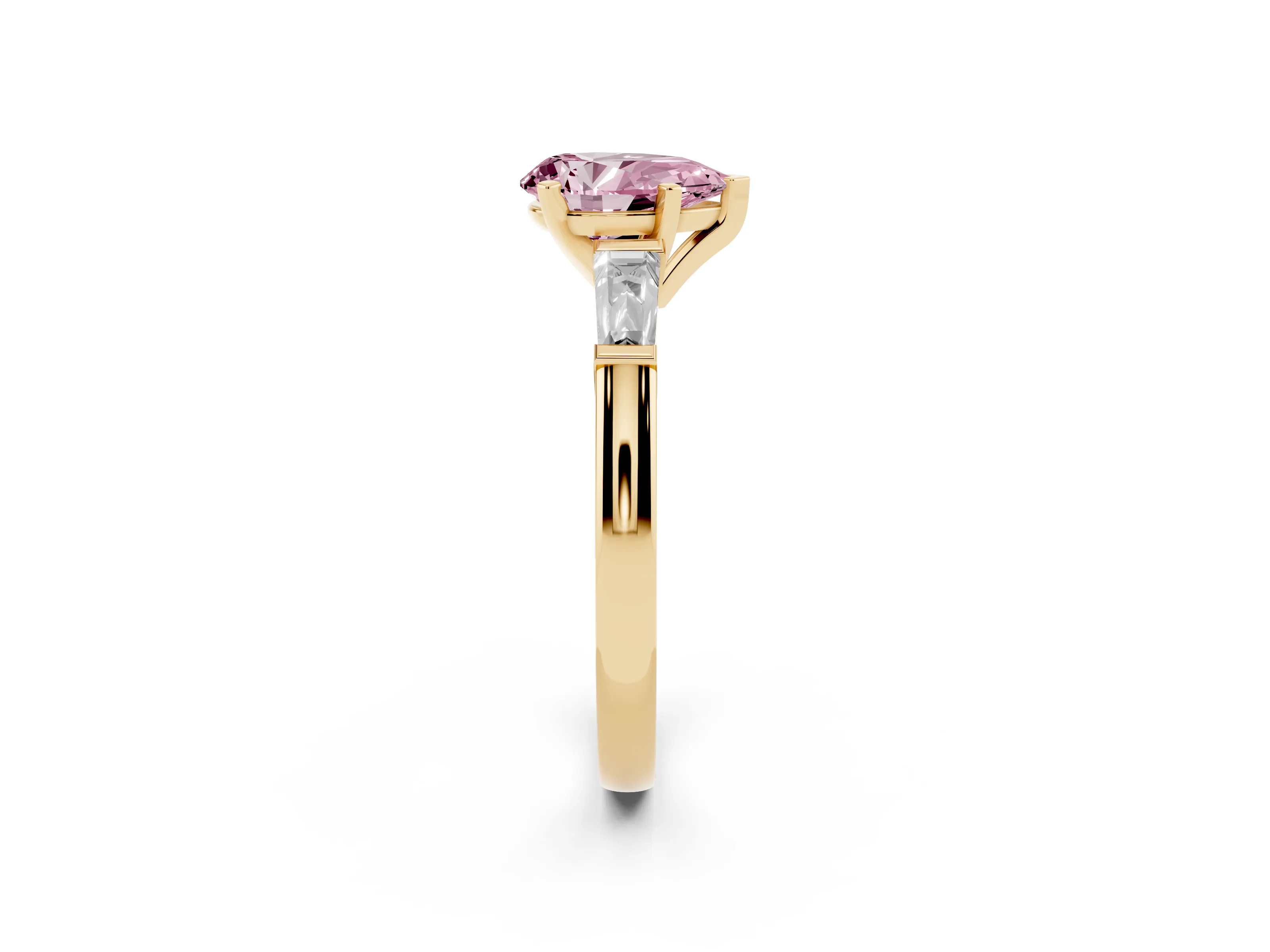 Fancy Pink Pear Cut Diamond Solitaire Ring Set in Yellow gold with Tapered Baguette Side Stones and Prong Setting