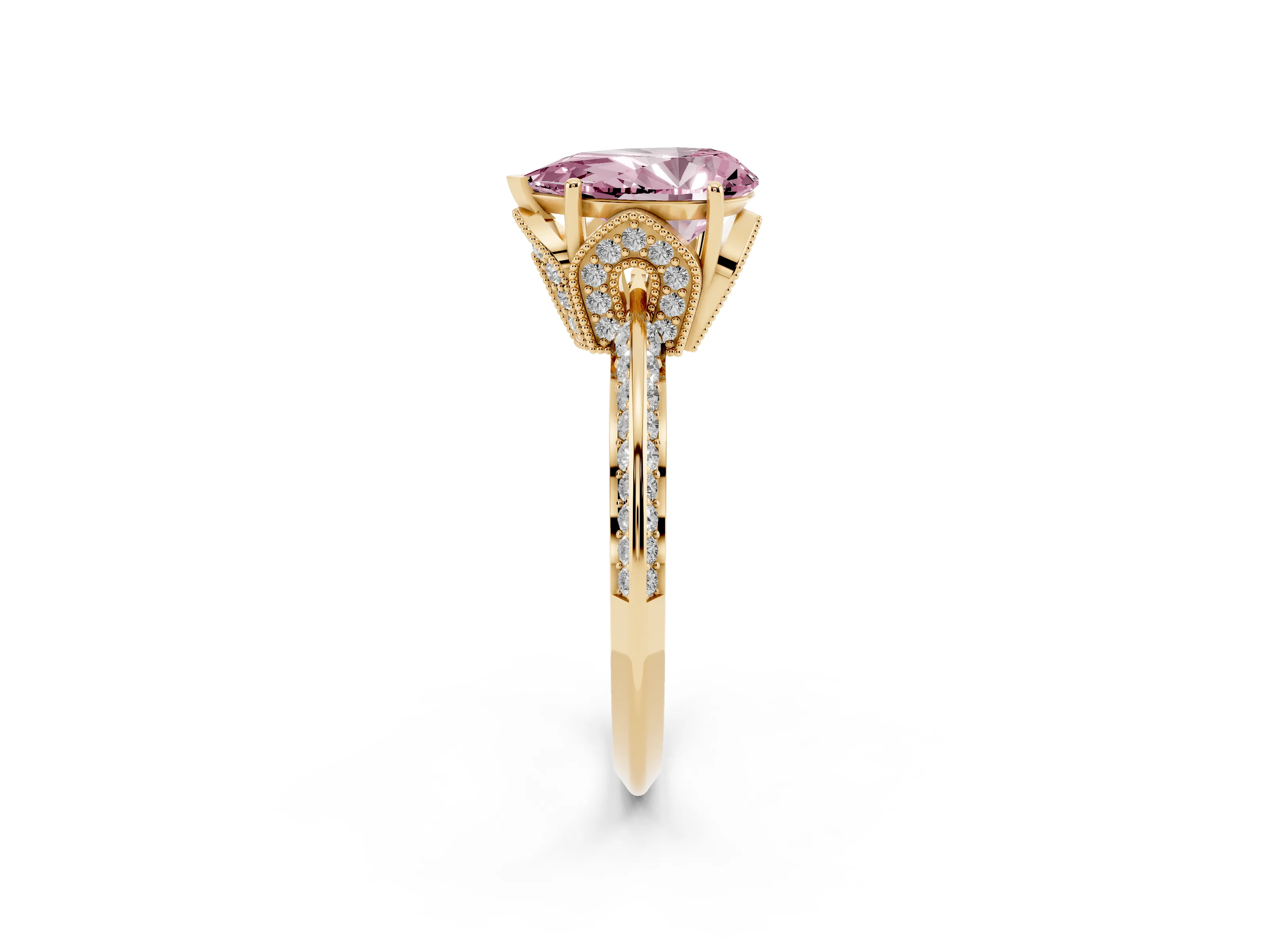 Fancy Pink Pear Cut Diamond Solitaire Engagement Ring Set in Yellow gold with Pavé Split Shank and Prong Setting