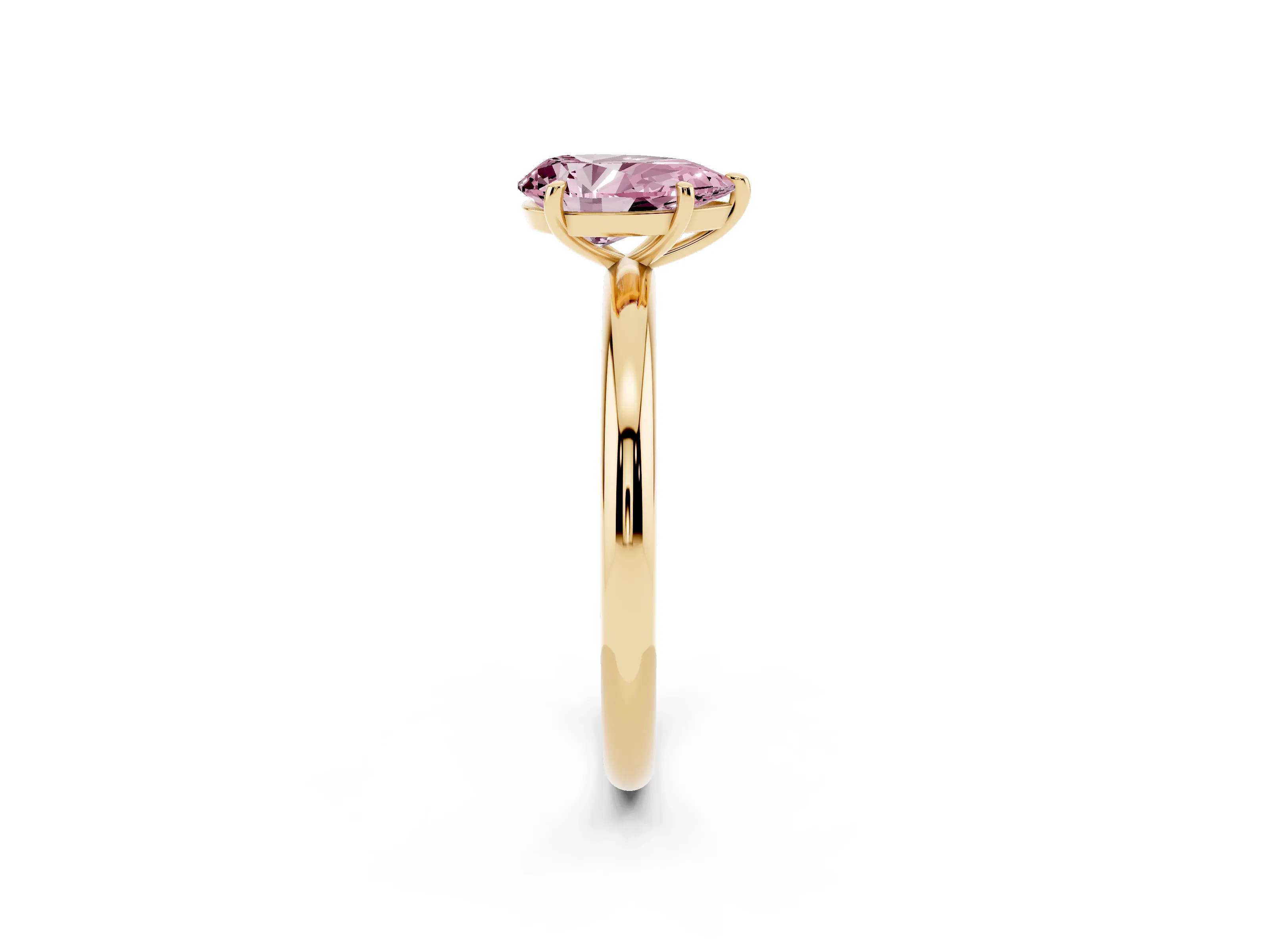 Fancy Pink Pear Cut Diamond Solitaire Ring Set in Yellow gold with Prong Setting on a Polished Plain Band
