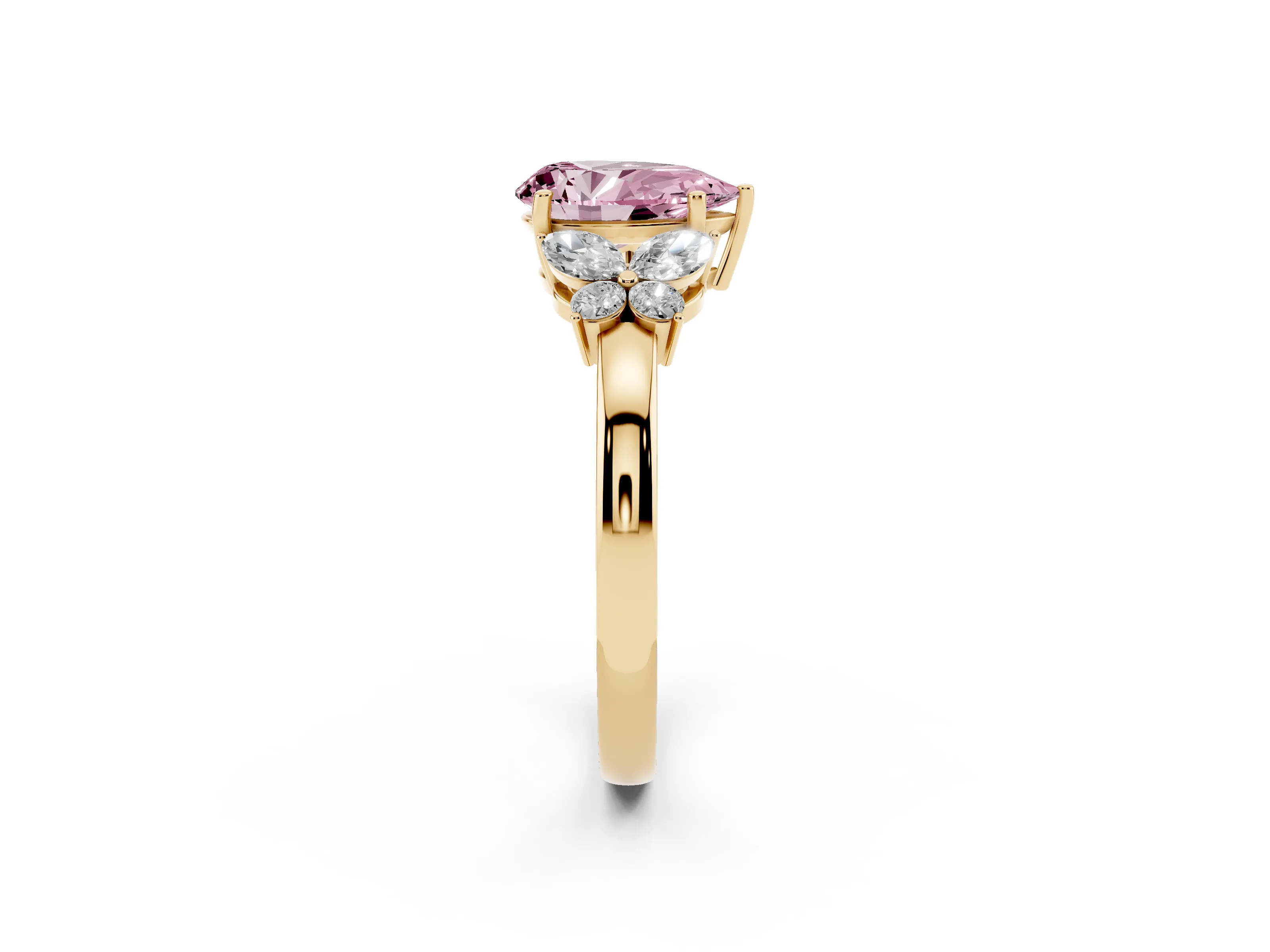 Fancy Pink Pear Cut Diamond Solitaire Floral Ring Set in Yellow gold with Marquise Petals and Prong Setting