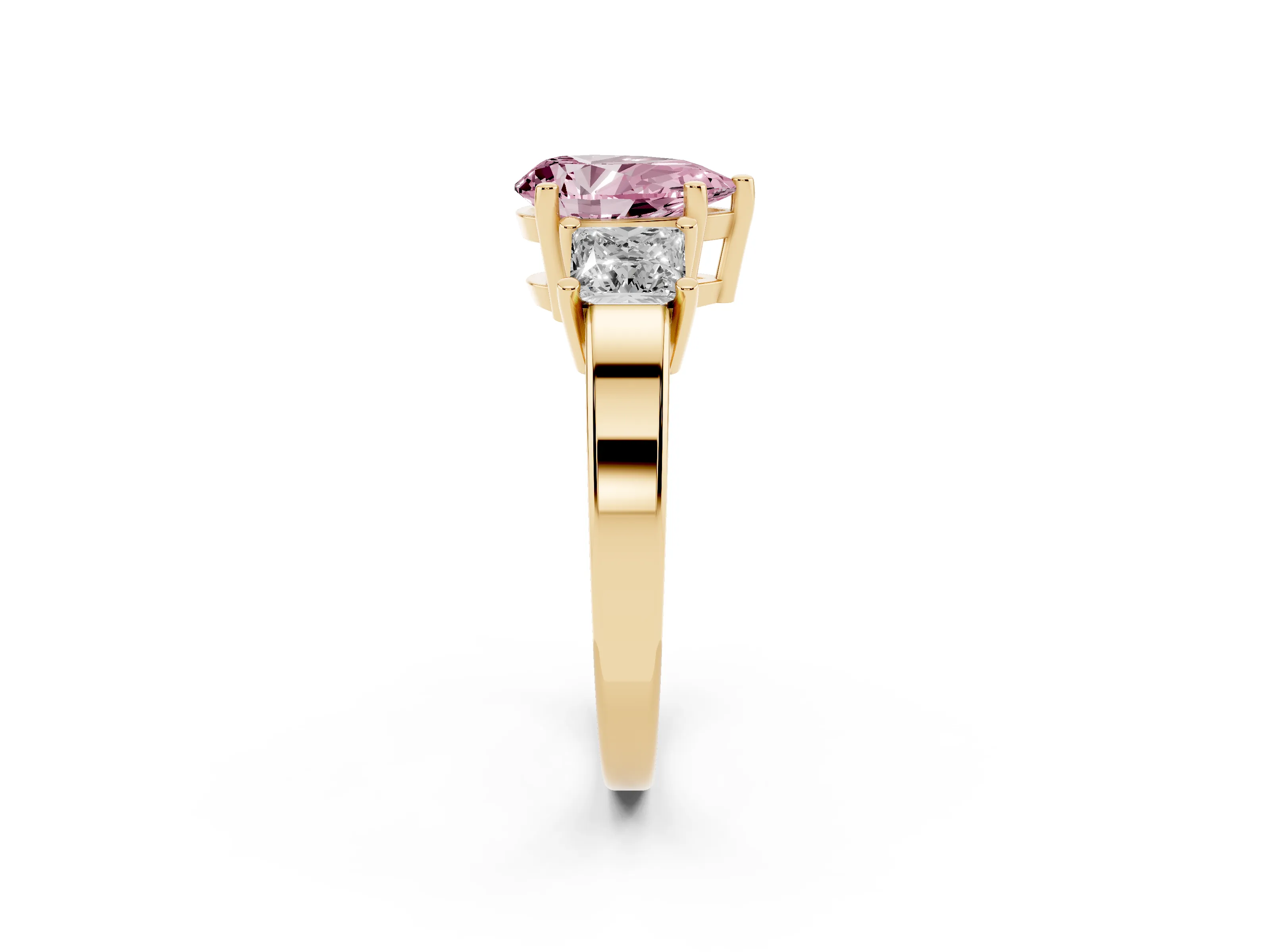 Fancy Pink Three-Stone Pear Cut Diamond Solitaire Ring Set in Yellow gold with Prong Setting