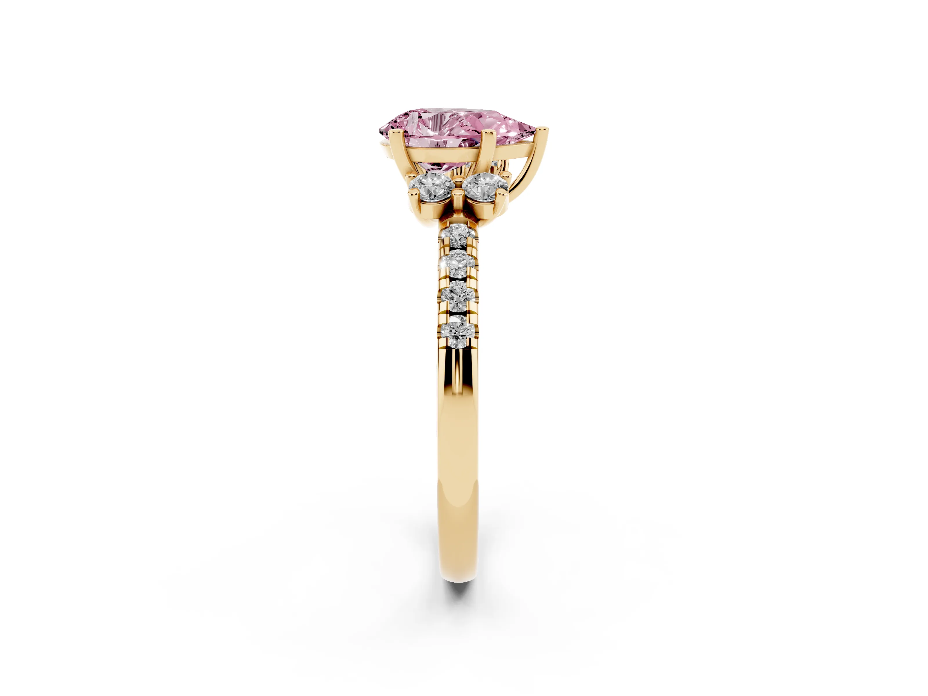Fancy Pink Pear Cut Diamond Three-Stone Pavé Ring Set in Yellow gold with Prong Setting