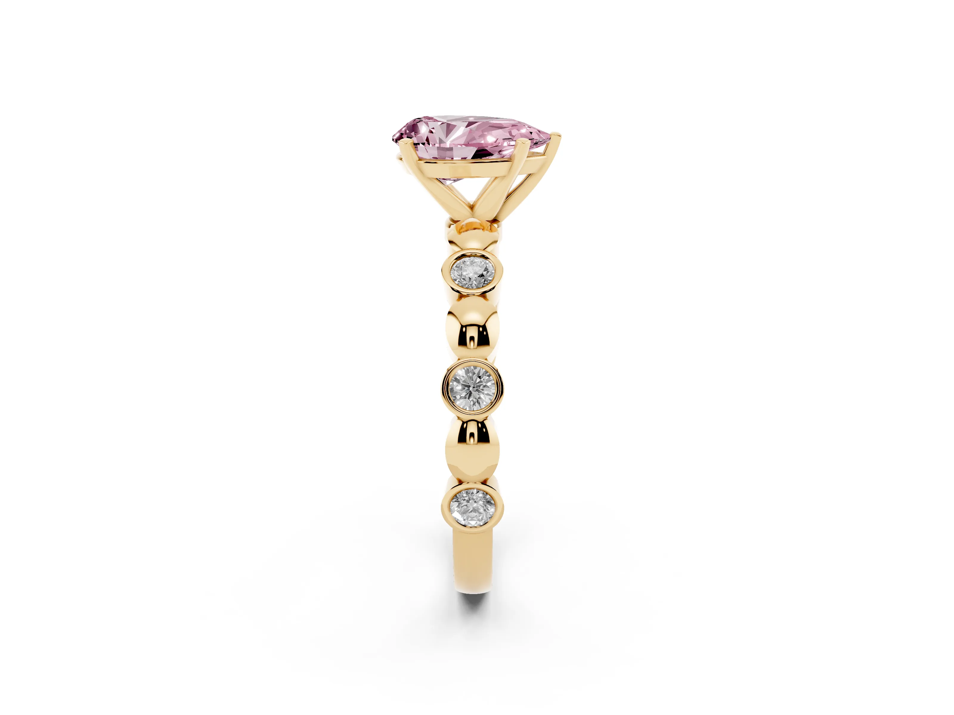 Fancy Pink Pear Cut Diamond Solitaire Ring Set in Yellow gold with Bezel-Set Accents on Beaded Band and Prong Setting